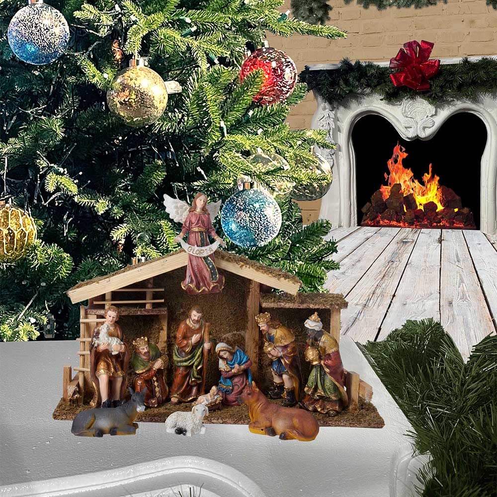 Kurt Adler 12-Piece Wooden Stable Nativity Set, Brown