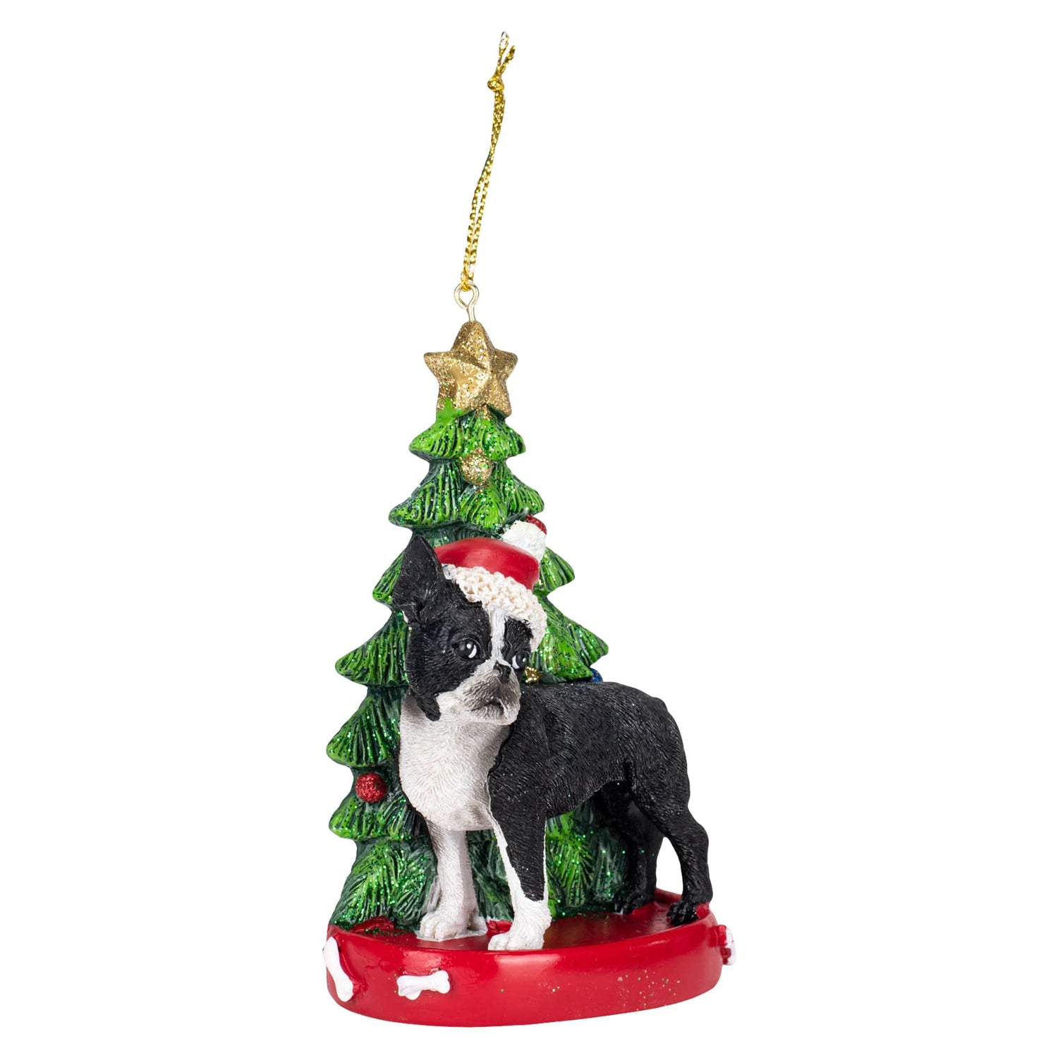 Kurt S. Adler Boston Terrier Wearing Santa Hat with Resin Christmas Tree Ornament C7615BT New
