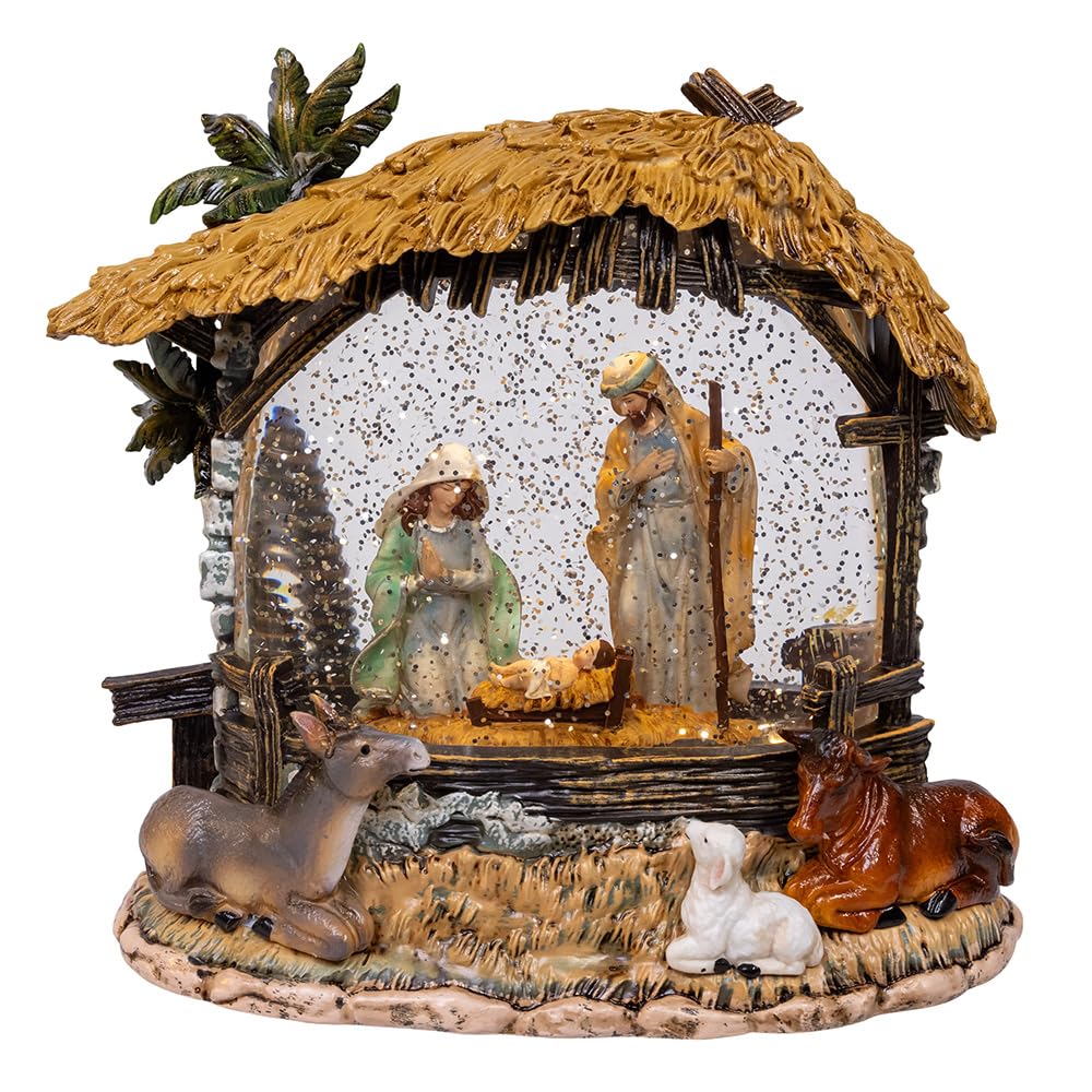 Kurt S. Adler 8 Inch Battery Operated USB Lighted Nativity Scene with Spinning Glitter Water