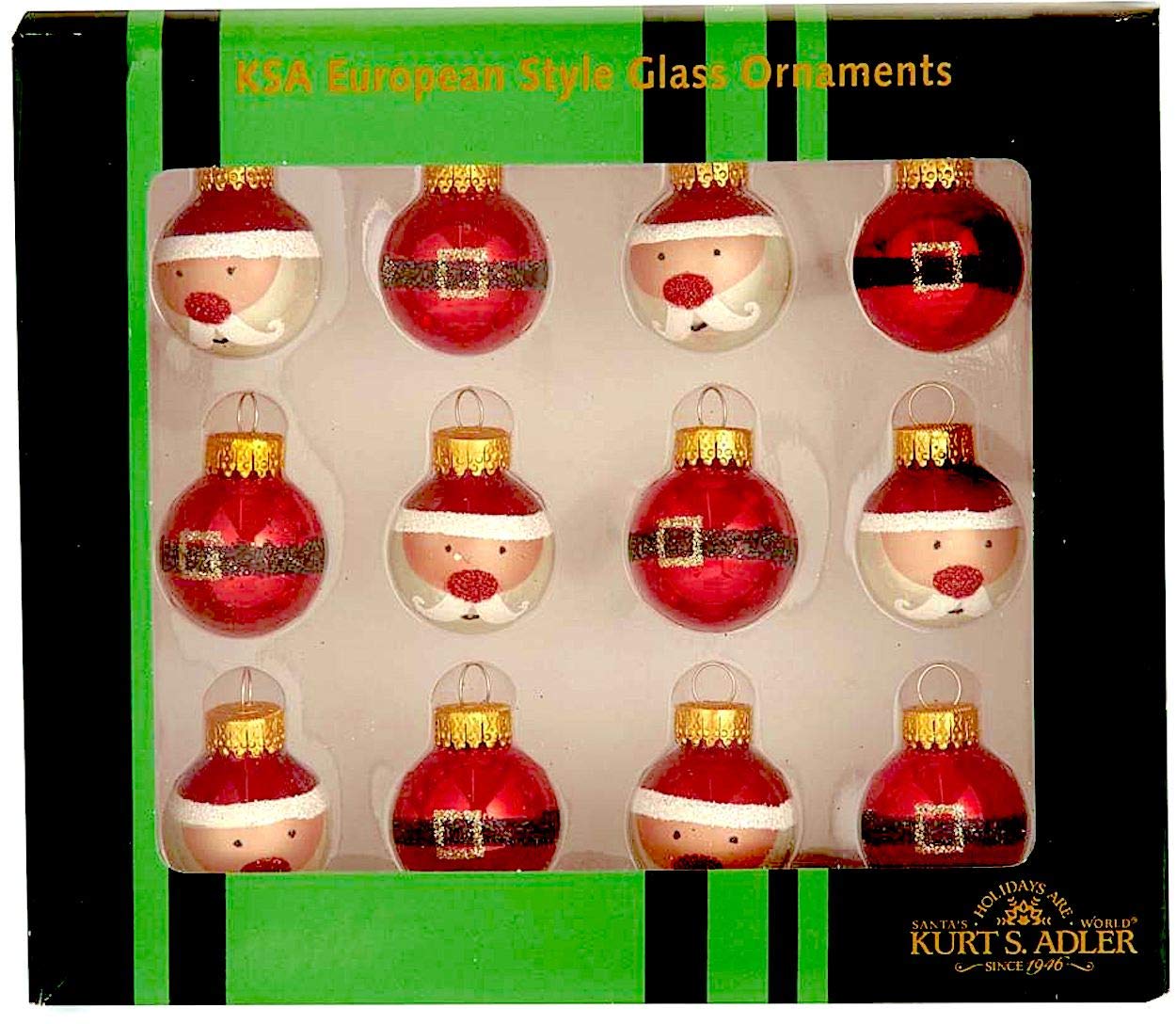 Kurt S. Adler 25MM Glass Santa and Buckle Ball, 12 Piece Set Ornaments, Red, Count,Christmas