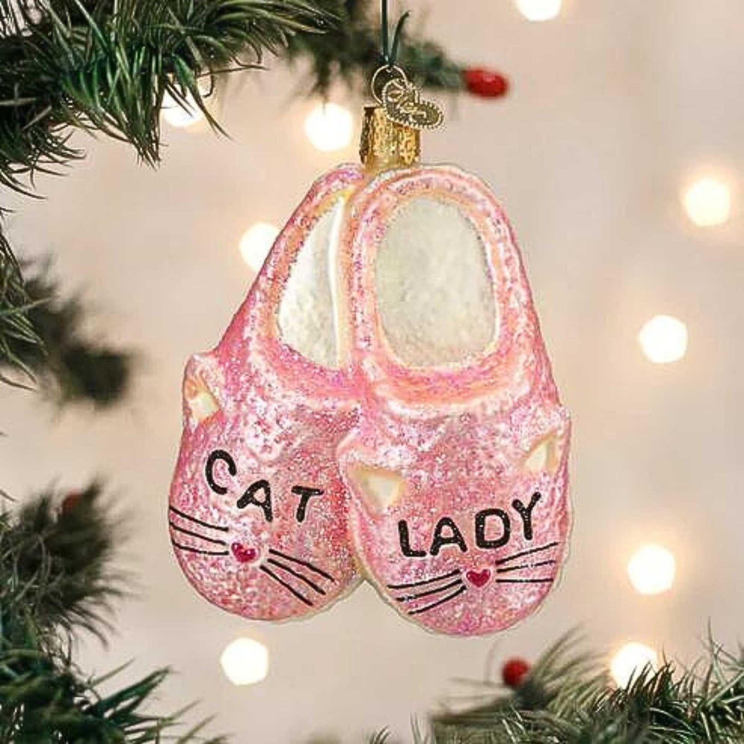 Old World Christmas Cat Lady Slippers Glass Blown Ornament for Christmas Tree, Handcrafted Holiday Decoration, Cat Collection