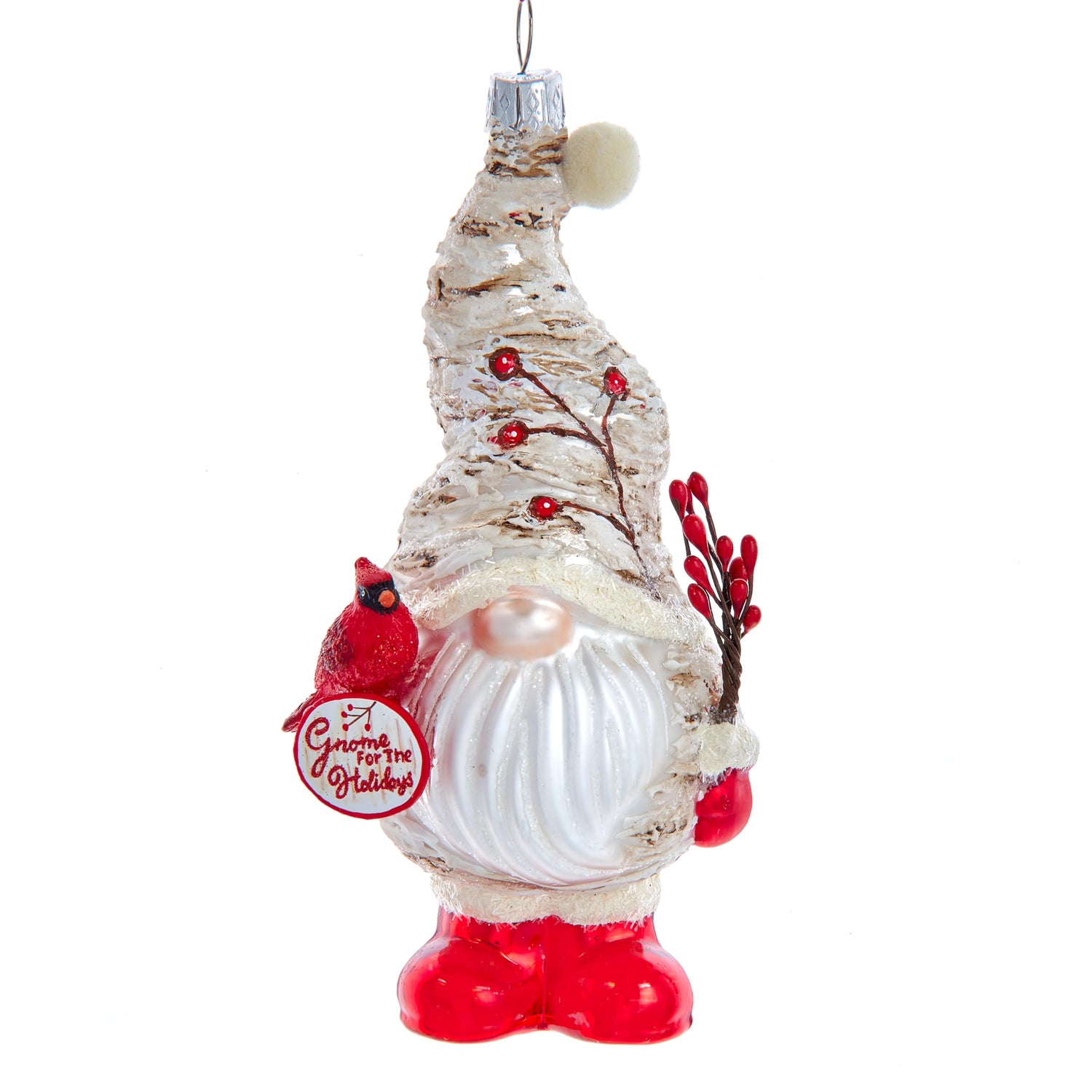 Kurt S. Adler Glass Christmas Tree Ornament Holiday Decorations Traditional (6” Glass Gnome Birch Berry with Cardinal Christmas Ornaments Bird T3381)