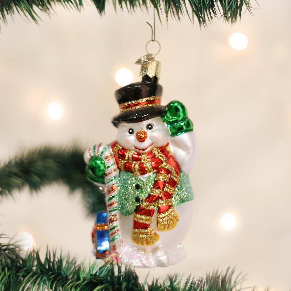 Old World Christmas Candy Cane Snowman Glass Blown Ornament for Christmas Tree, Handcrafted Holiday Decoration, Snowman Collection