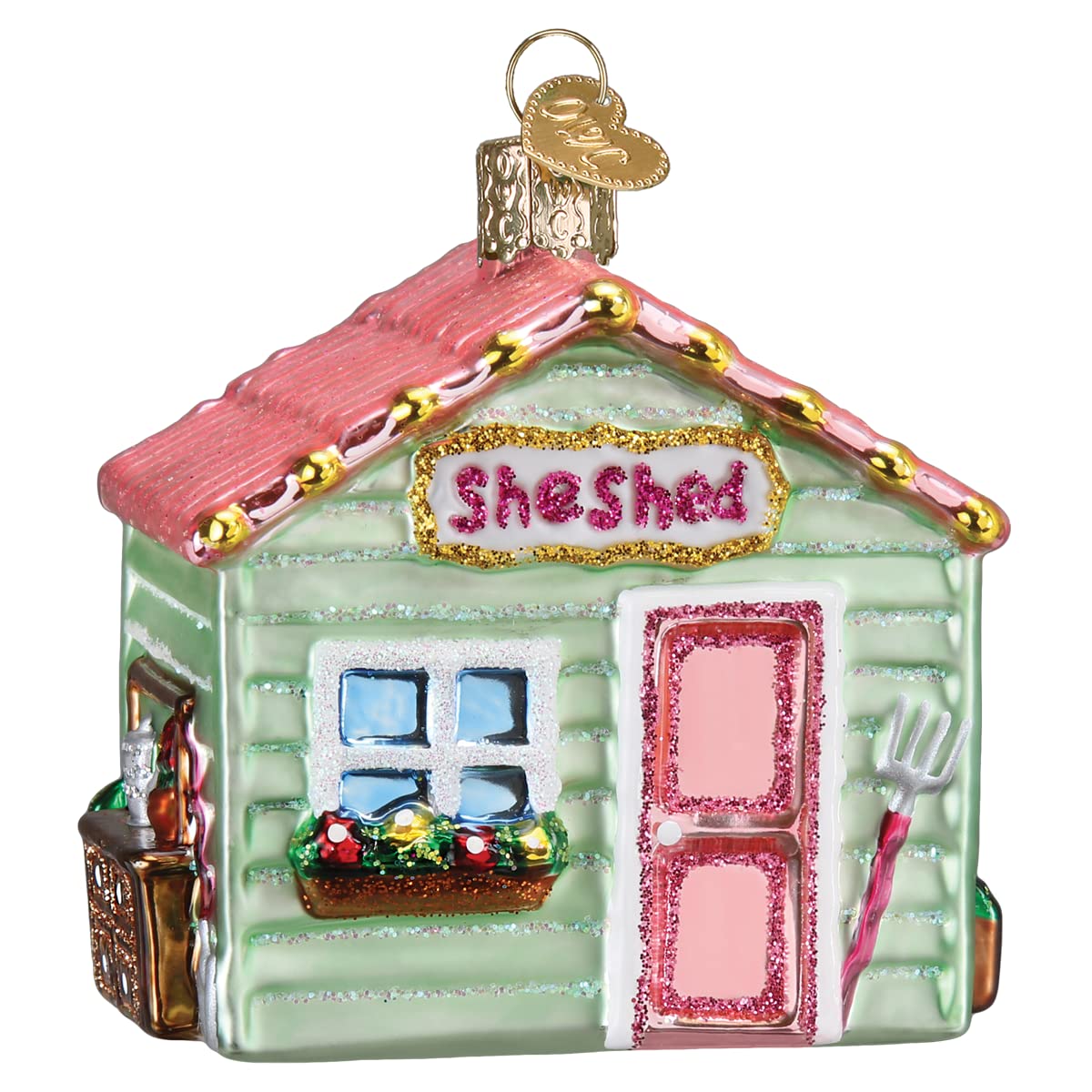 Old World Christmas She Shed Glass Blown Ornament for Christmas Tree, Handcrafted Holiday Decoration, Garden Collection