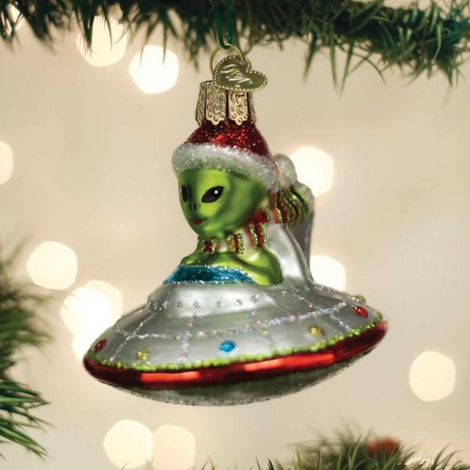 Old World Christmas UFO with Alien in Santa Hat Glass Blown Ornament for Christmas Tree, Handcrafted Holiday Decoration, Outer Space Collection