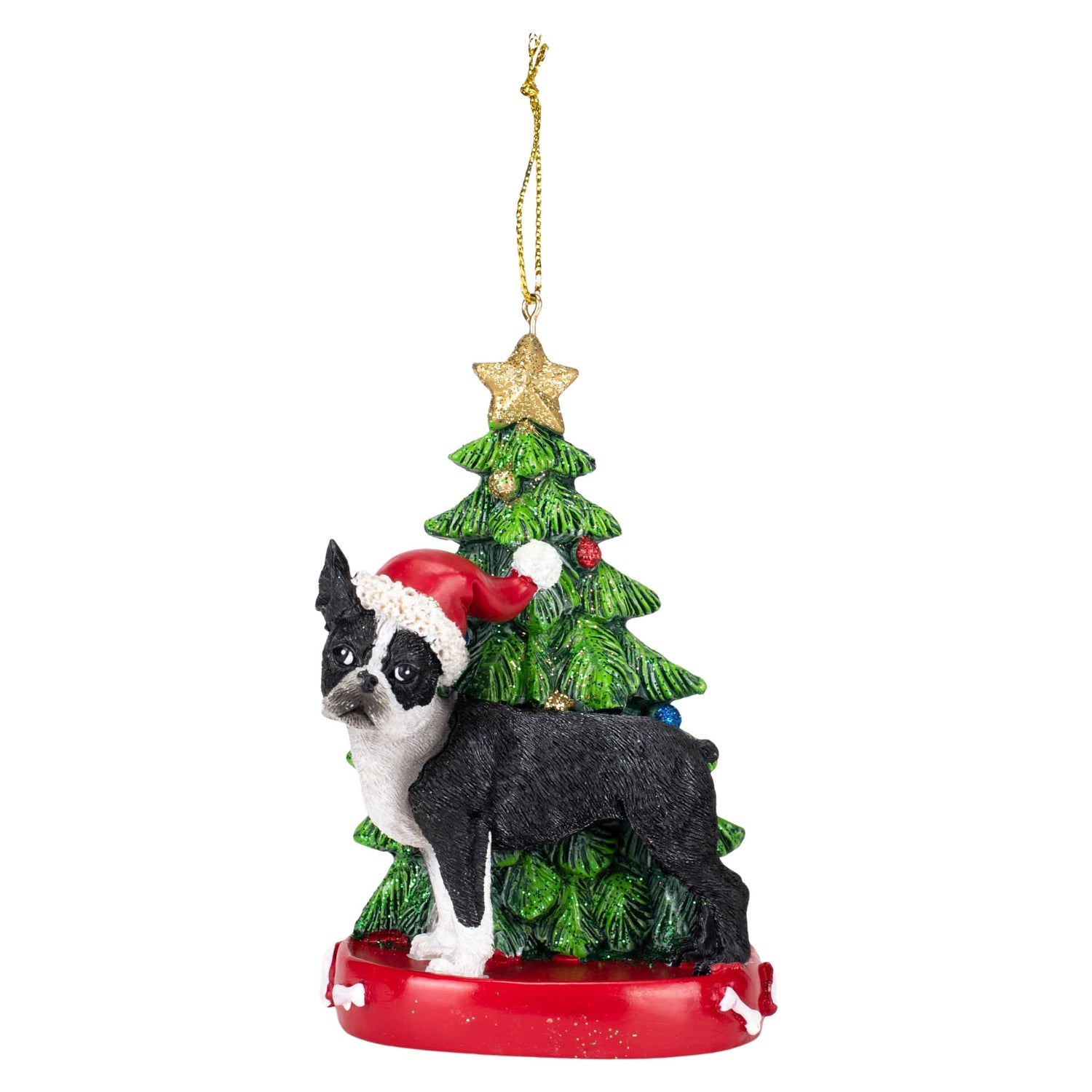 Kurt S. Adler Boston Terrier Wearing Santa Hat with Resin Christmas Tree Ornament C7615BT New