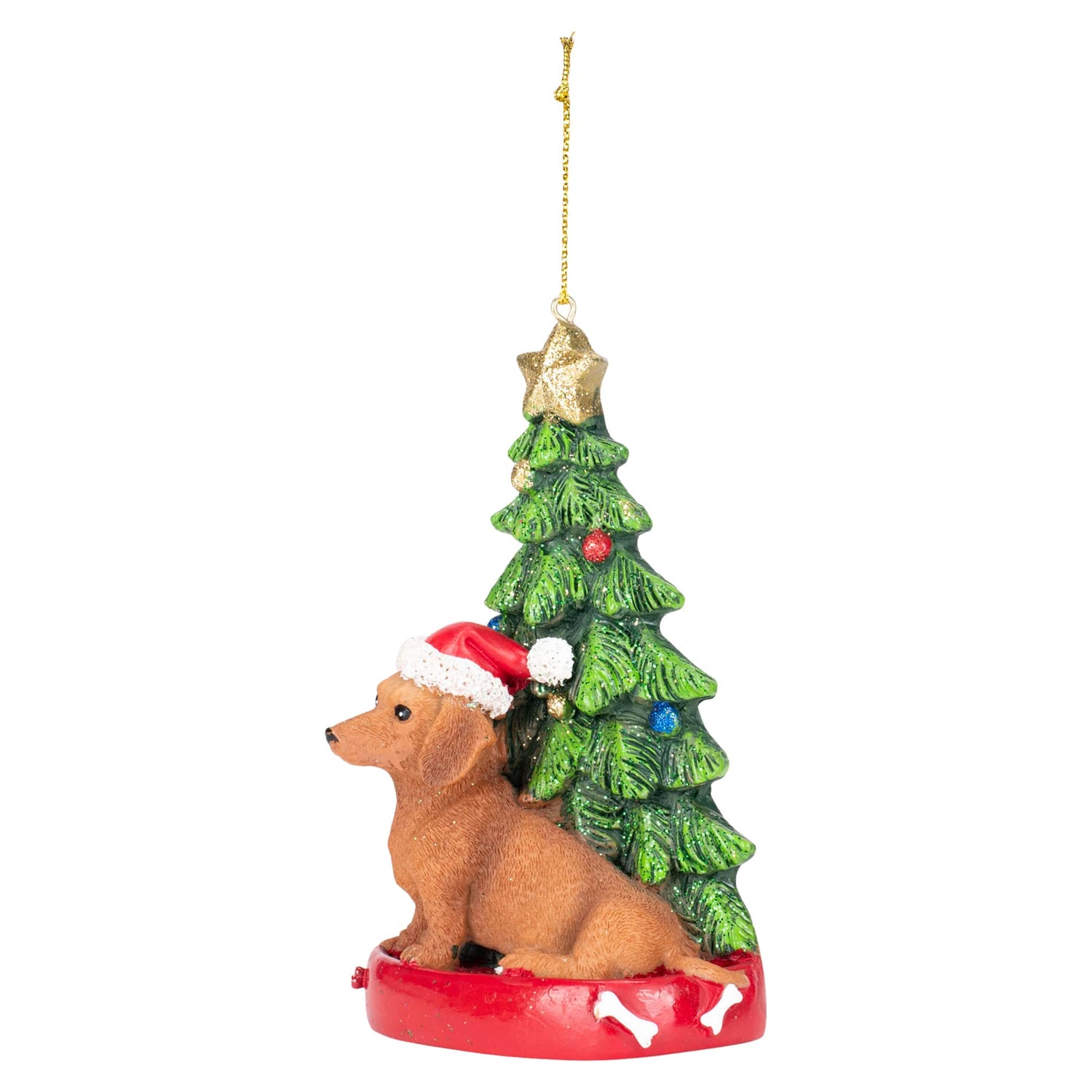Kurt S. Adler Red Dachshund Wearing Santa Hat with Christmas Tree Ornament, Resin, C7615RDA New