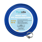 Poolzilla Heavy Duty Swimming Pool Backwash Hose | 2"x50' | Blue | Includes Steel Clamp