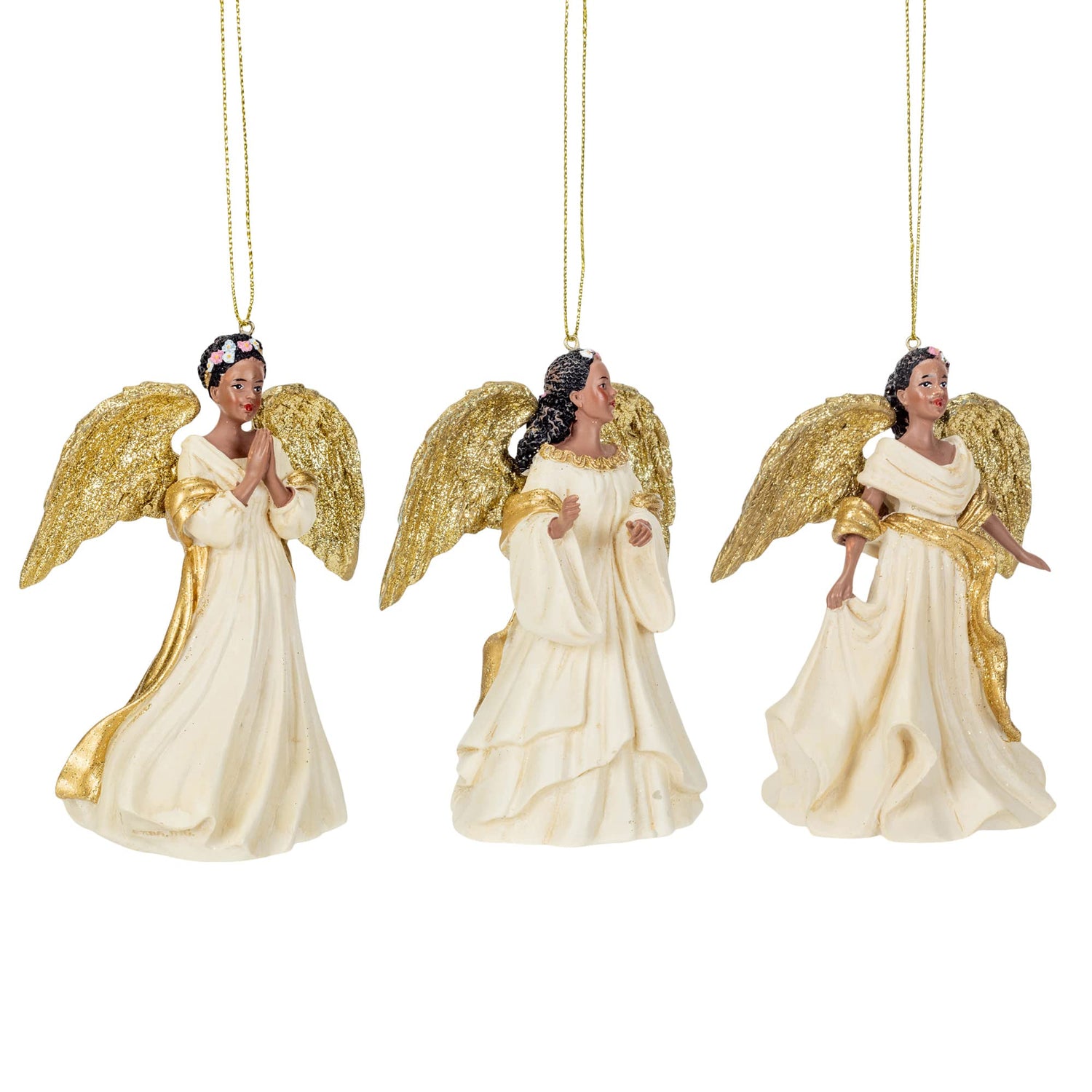 Kurt Adler IVORY AND GOLD AFRICAN AMERICAN ANGEL ORNAMENT - 3 ASSORTED