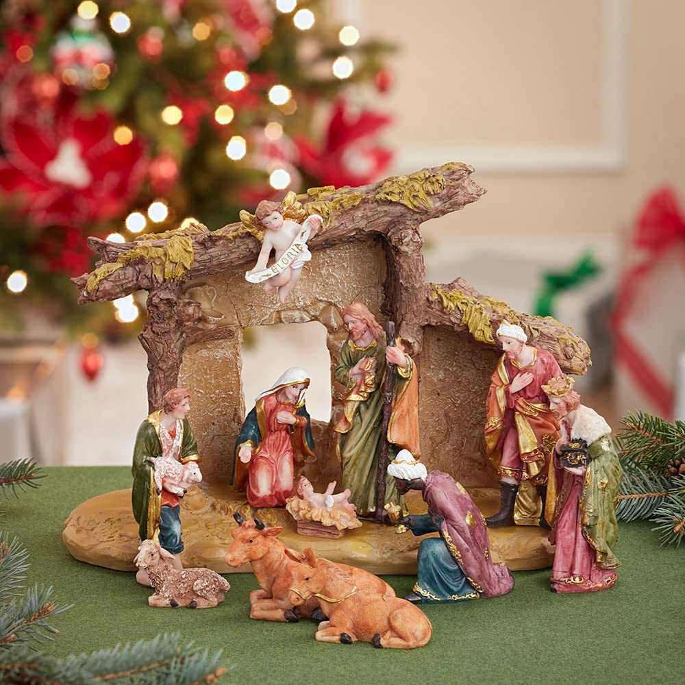 Kurt S. Adler Resin Stable- Kurt Adler Nativity Set with Figures, Brown, 10.38in, 11-Piece