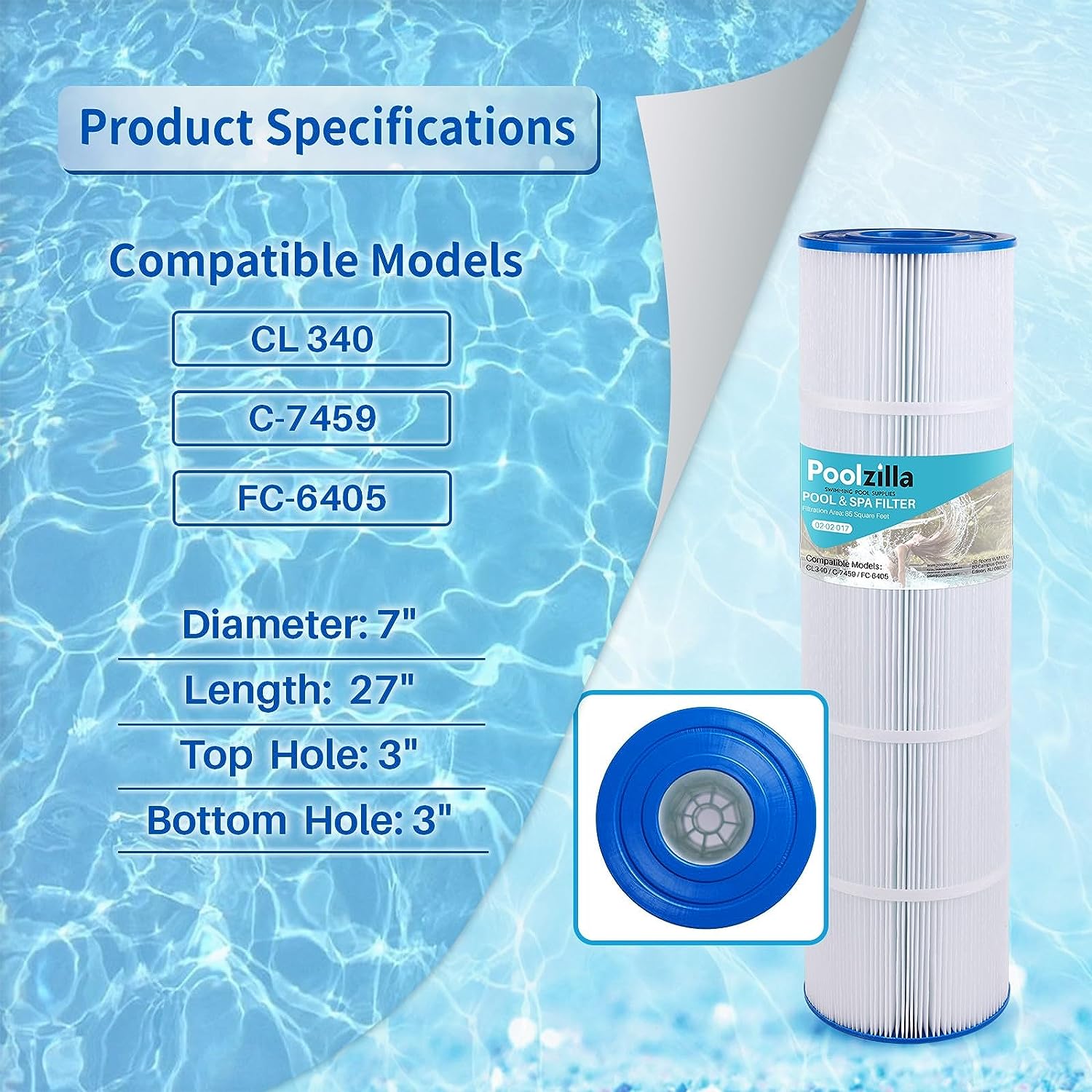 Poolzilla Replacement Pool Filter Cartridge, Compatible with Unicel C-7459, Jandy CL 340, PJAN85, Filbur FC-6405, FC-0800, A0557900, R0554500, Aladdin 18504, APCC7352