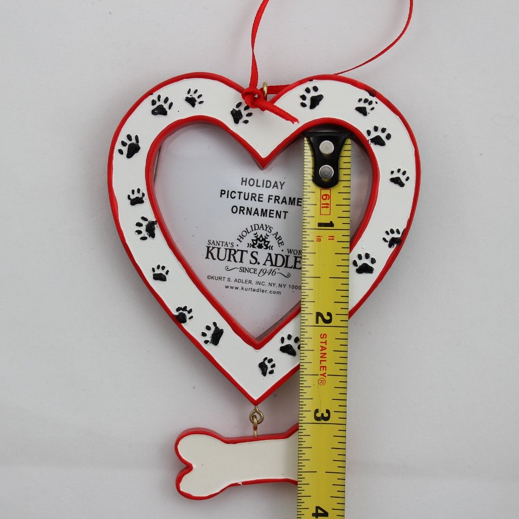 Kurt Adler Dog Heart Picture Frame - Bone Dangle and Paw Prints Ornament