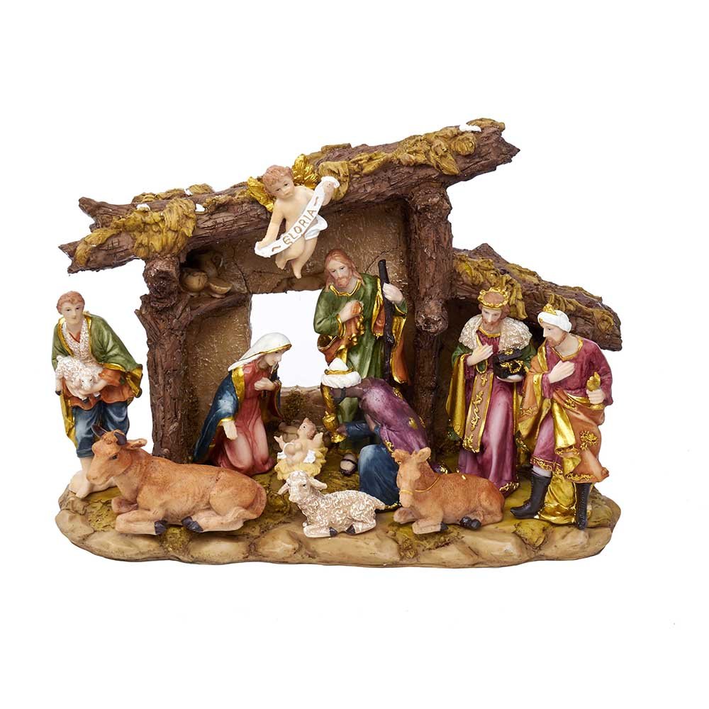 Kurt S. Adler Resin Stable- Kurt Adler Nativity Set with Figures, Brown, 10.38in, 11-Piece
