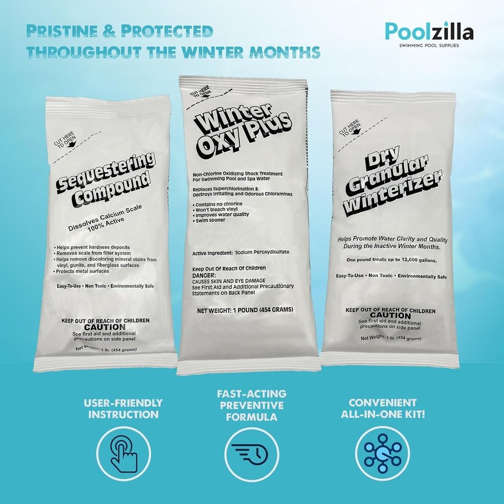 Poolzilla 12,000 Gallon Winterizing Kit, Includes 1 LB Granular Winterizer, 1 LB Sequestering for Metal Control, 1 LB Non Chlorine Shock