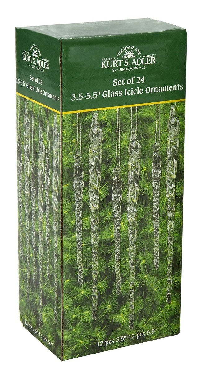 Kurt Adler 3-1/2-Inch-5-1/2-Inch Clear Glass Icicle Ornament Set of 24 Pieces (1)