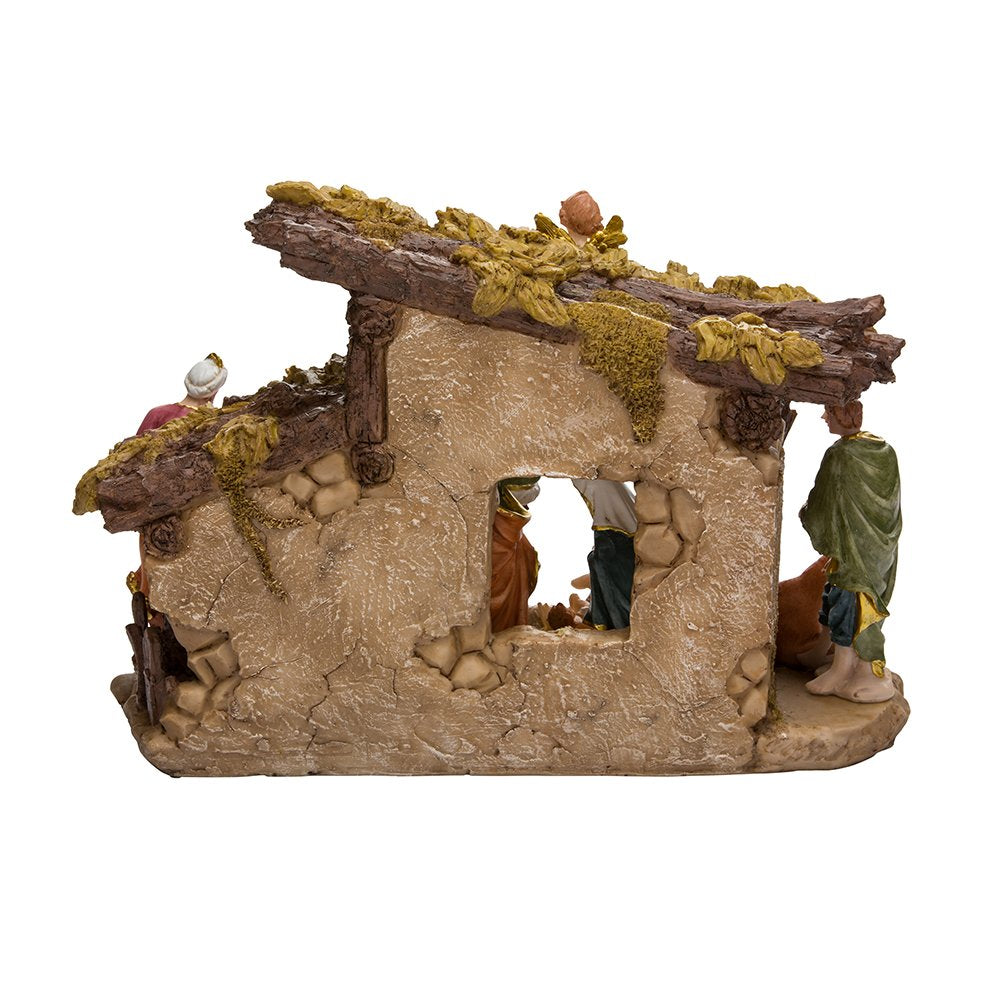 Kurt S. Adler Resin Stable- Kurt Adler Nativity Set with Figures, Brown, 10.38in, 11-Piece