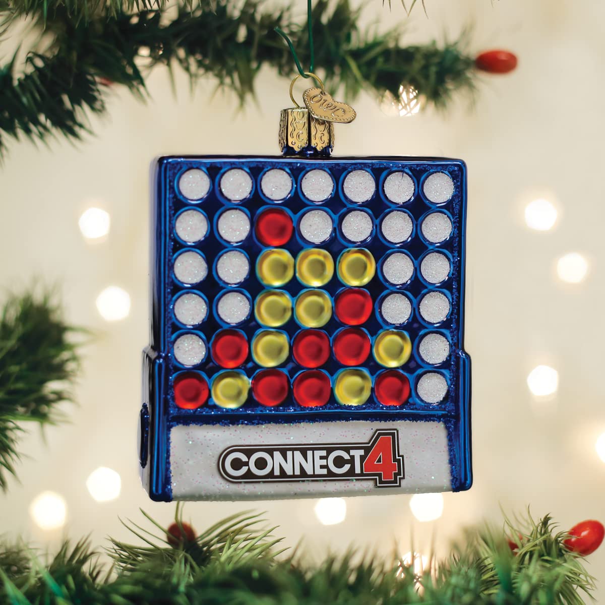 Old World Christmas Connect 4 Glass Blown Ornament for Christmas Tree, Handcrafted Holiday Decoration, Hasbro Games Collection