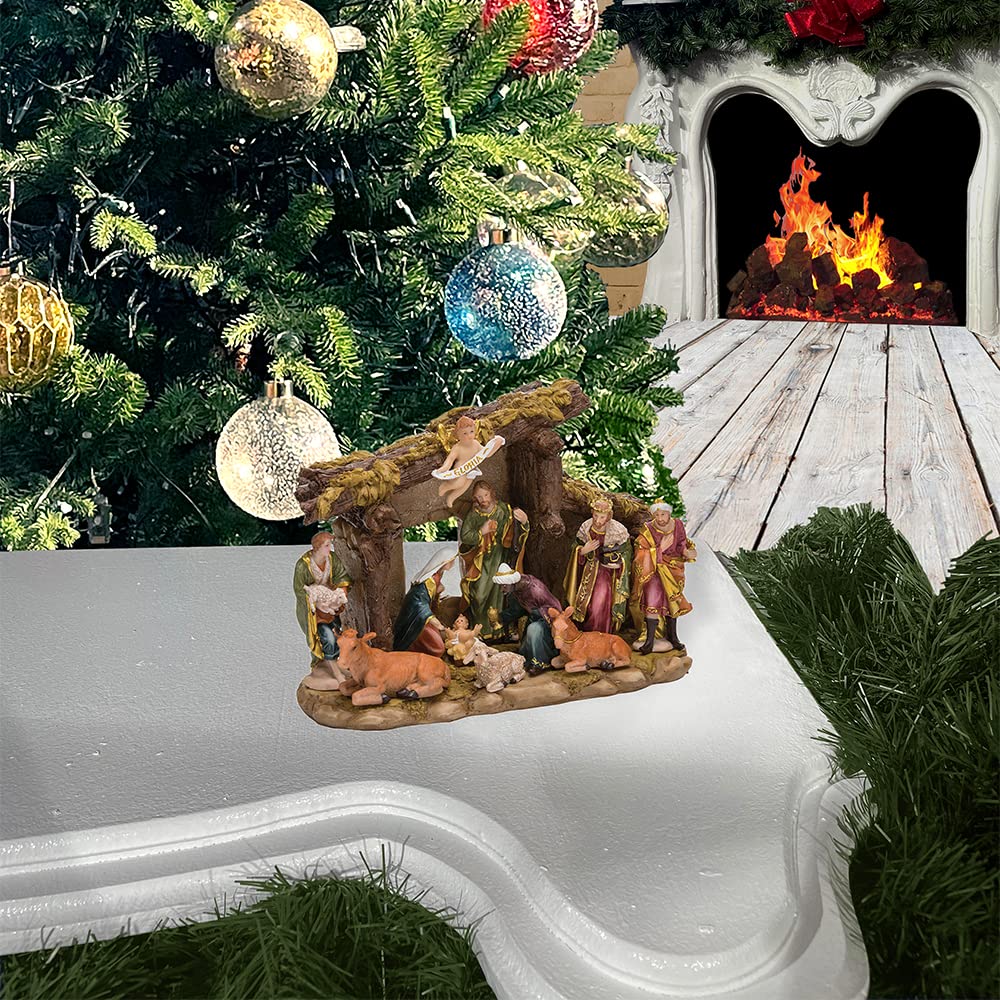 Kurt S. Adler Resin Stable- Kurt Adler Nativity Set with Figures, Brown, 10.38in, 11-Piece