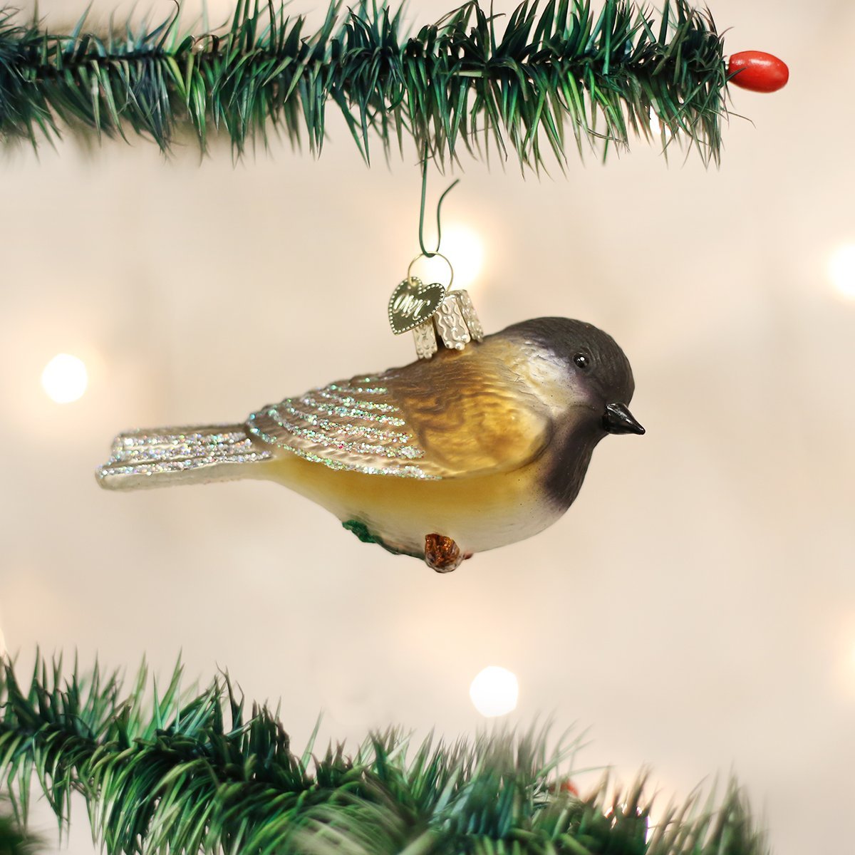 Old World Christmas Black‑Capped Chickadee Glass Blown Ornament for Christmas Tree, Handcrafted Holiday Decoration, Bird Watcher Collection