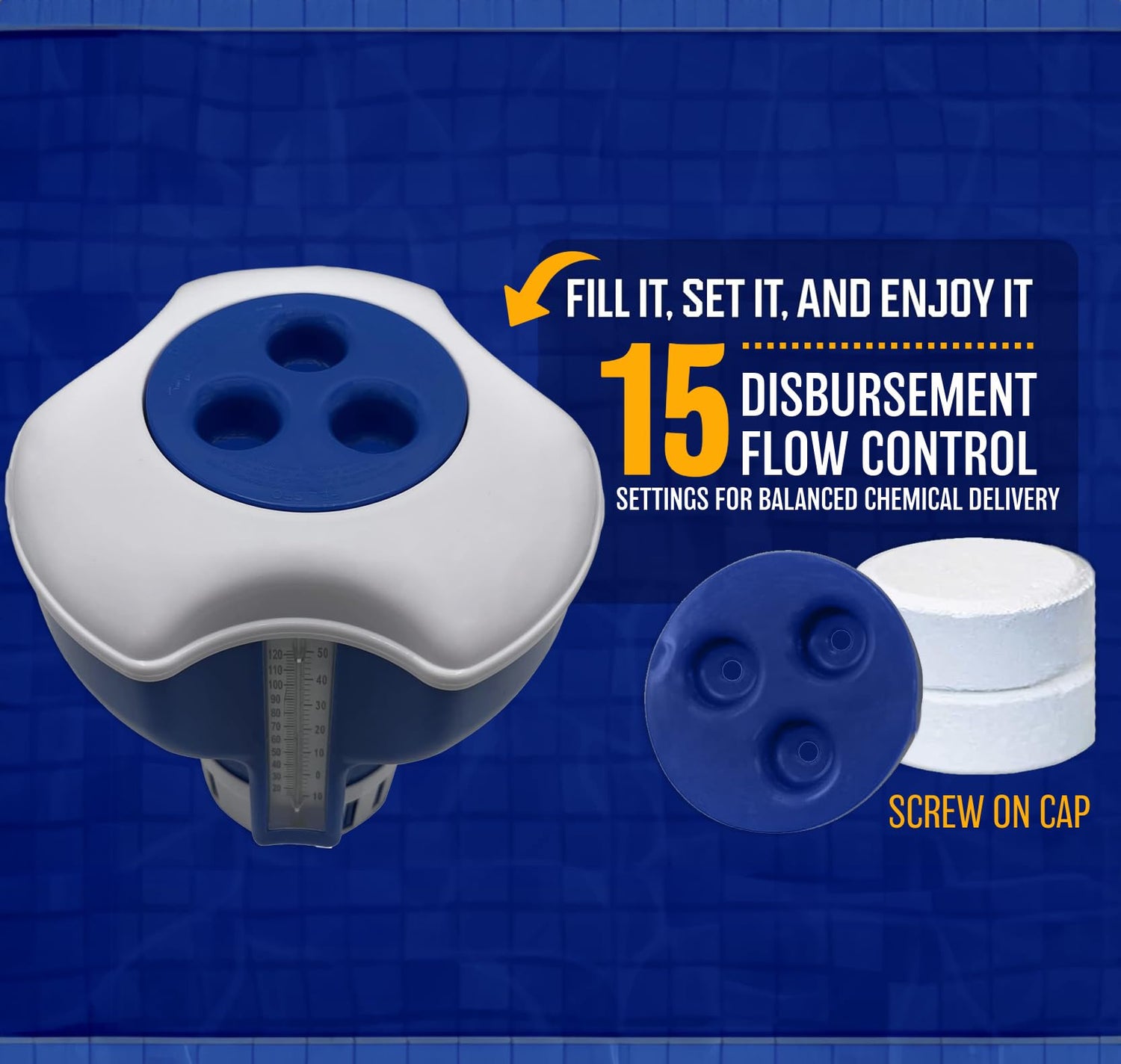 Poolzilla Chlorine Feeder with Built-in Thermometer | Adjustable Collar | Holds Chlorine Tablets up to 3”