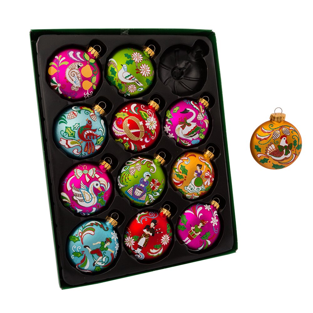 Kurt Adler GG0638 65Mm 12 Days of Christmas Glass Ornament Set 12 Pieces