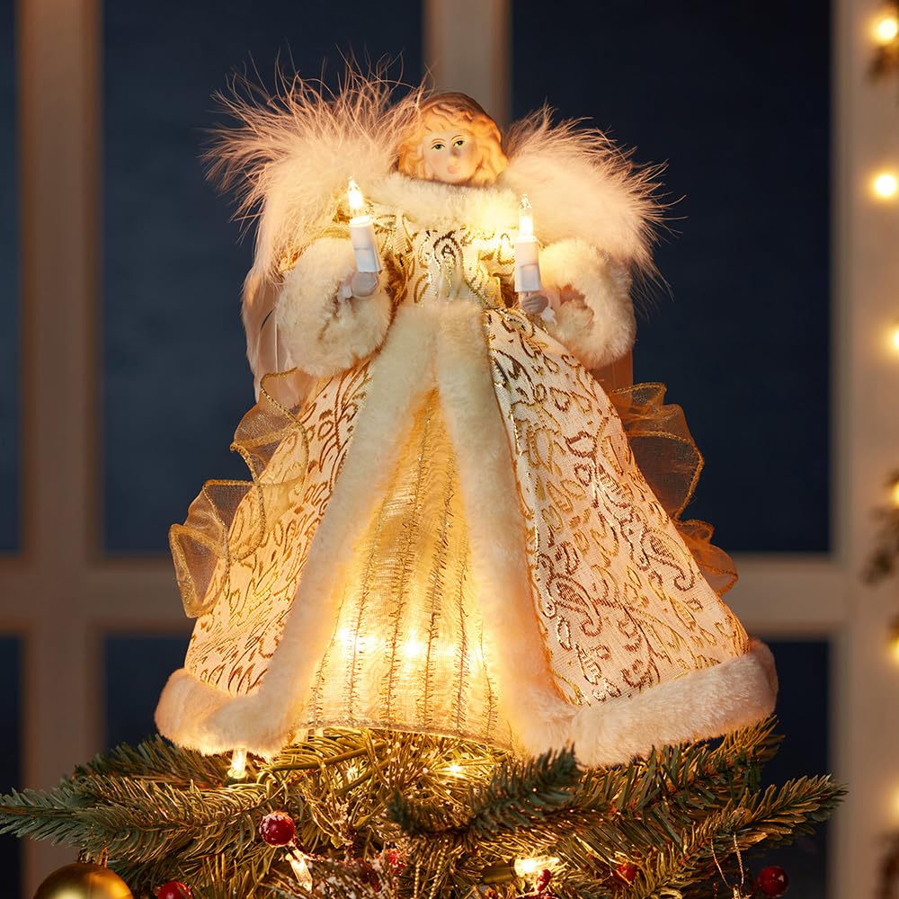 Kurt Adler UL 10-Light Angel Treetop Figurine, 10-Inch, Ivory and Gold