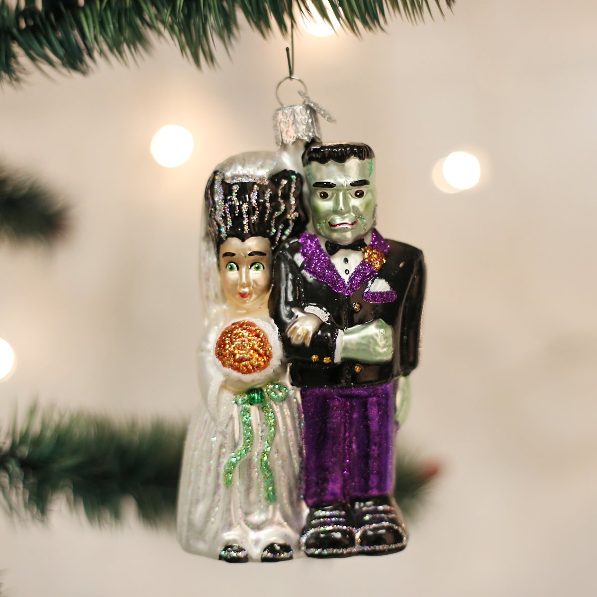 Old World Christmas Frankenstein & Bride Glass Blown Ornament for Christmas Tree, Handcrafted Holiday Decoration, Halloween Collection