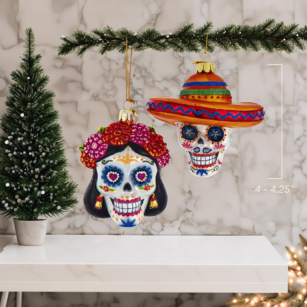 Kurt Adler 4-4.25-inch Noble Gems? Glass Day of The Dead Sugar Skull Ornament Set