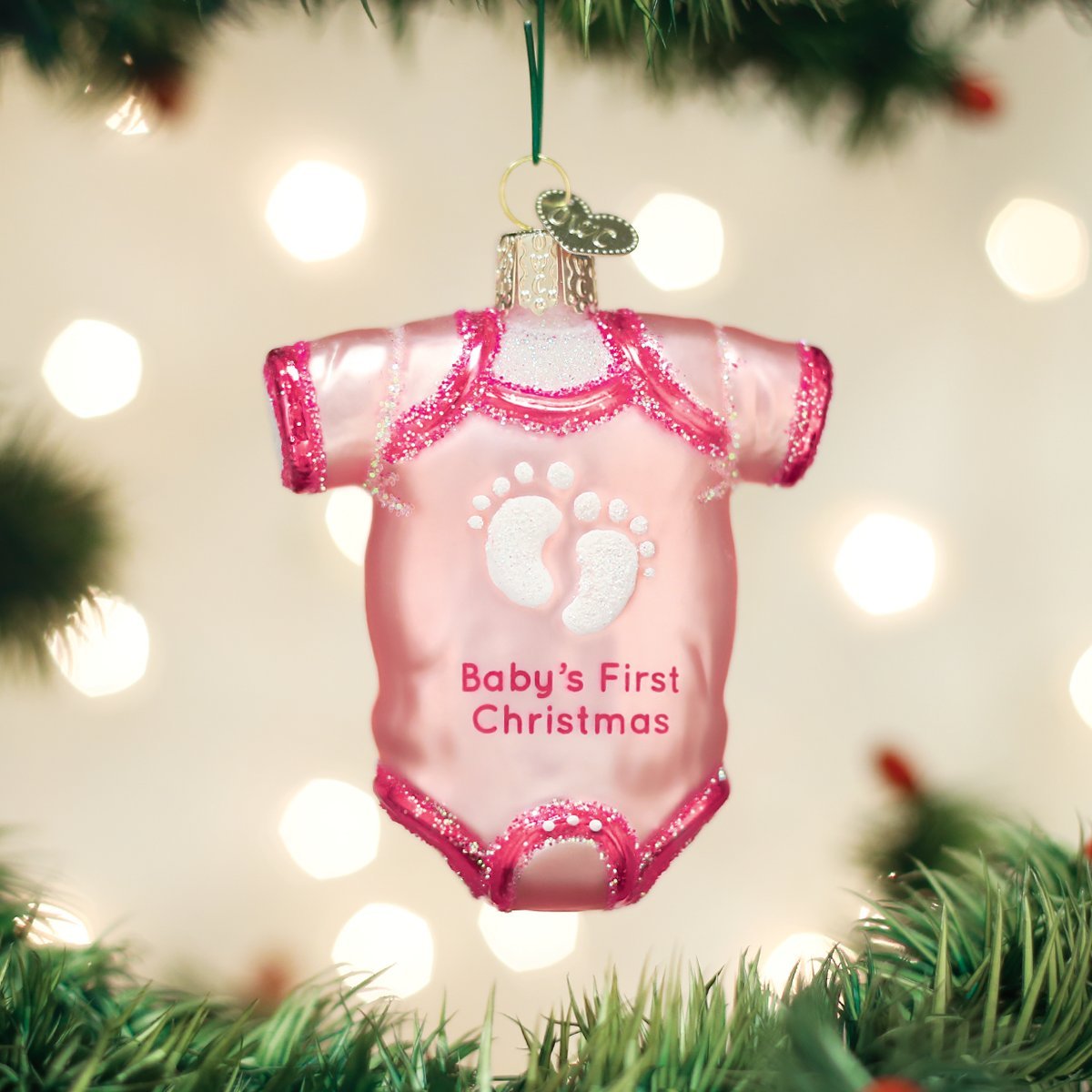 Old World Christmas Pink Baby Onesie Glass Blown Ornament for Christmas Tree 3x3