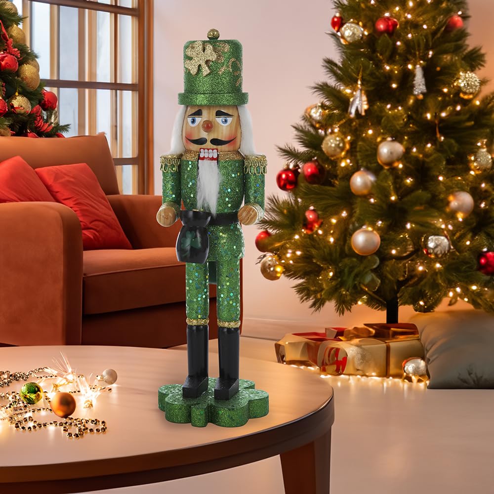 Kurt Adler 15-Inch Wooden Irish Nutcracker on Shamrock Base,Green