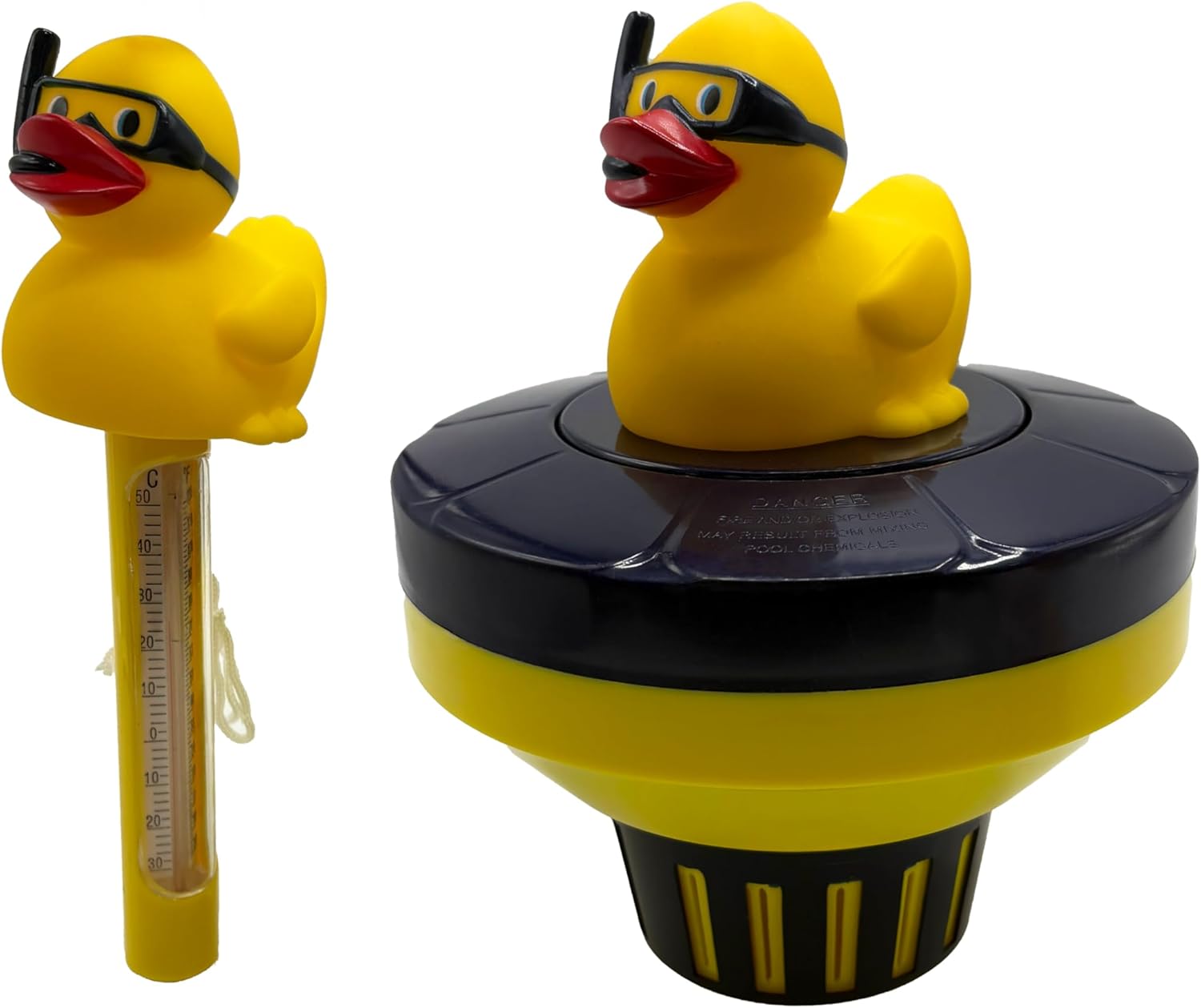 Poolzilla Duck Dispenser with Thermometer - Tablet Floater with Adjustable Collar Design and Easy Read String Thermometer
