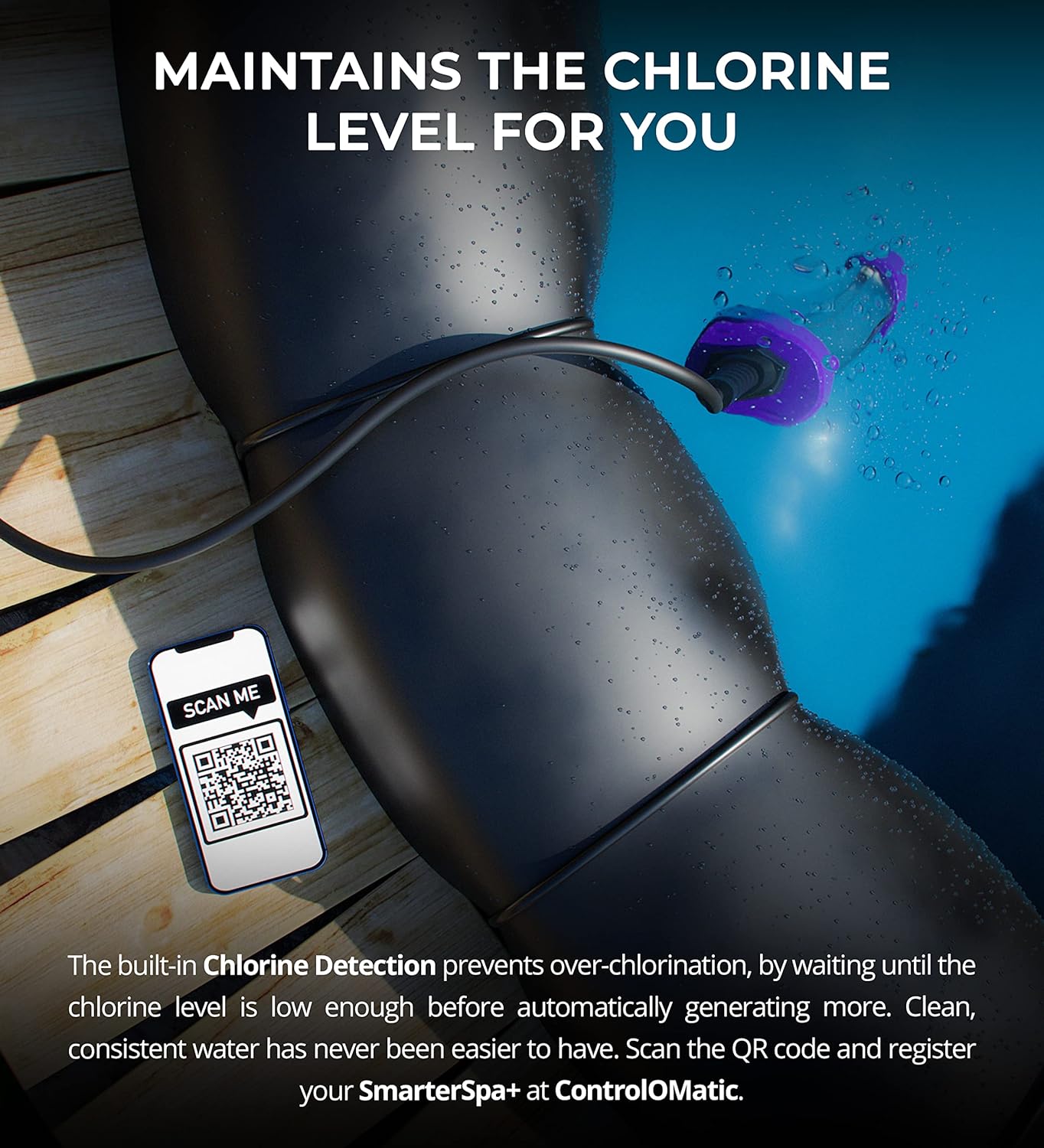ControlOMatic SmarterSpa+ Saltwater Chlorine Generator with Automatic Chlorine Detection and Mobile App for Spas Up to 2000 Gallons
