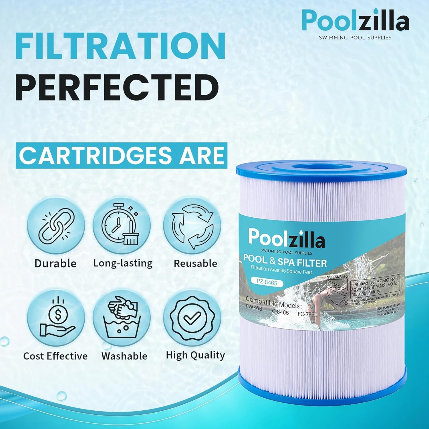 Poolzilla Replacement Spa Filter for Watkins 31114, Unicel C-8465, Pleatco PWK65, Filbur FC-3960, 71827, 71828, Tiger River Caspian