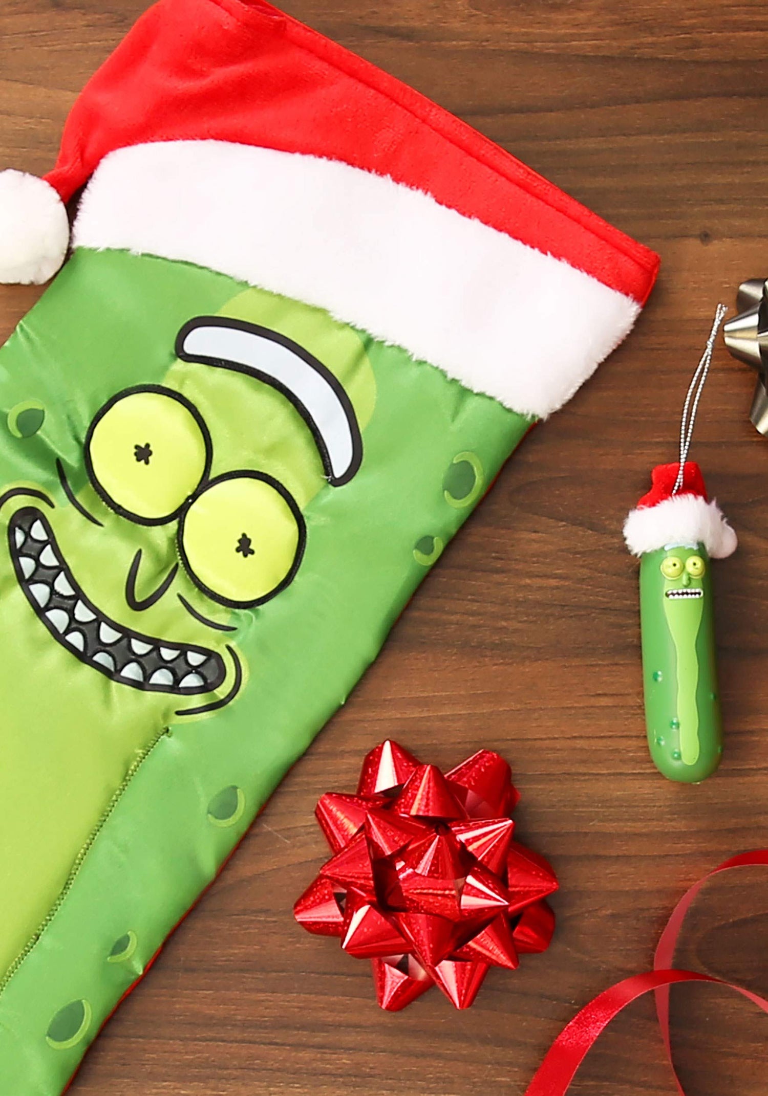 Kurt Adler Rick and Morty Pickle Rick Stocking with Santa Hat