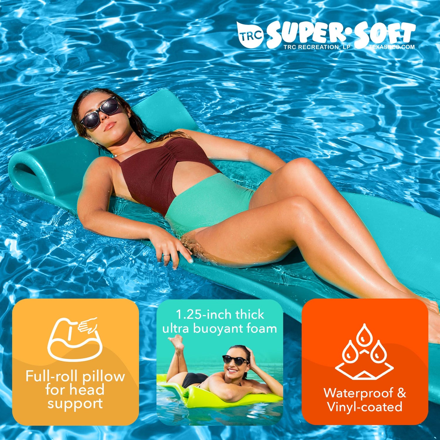 TRC Recreation Splash 1.25 Inch Thick Foam Swimming Pool Float Mat Large Adult Lounger with Built-in Roll Pillow, Tropical Teal