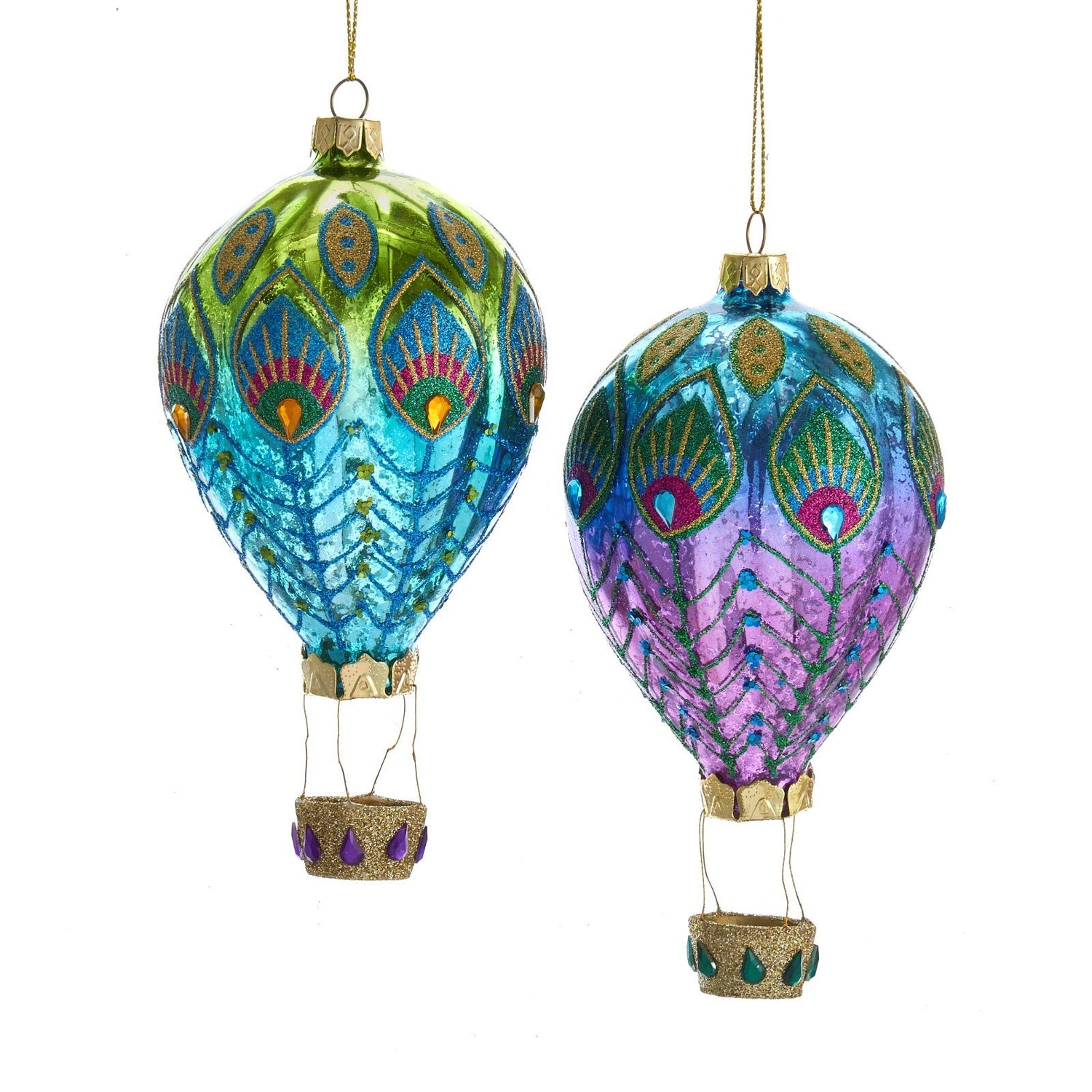 Kurt S. Adler Peacock Themed Purple Blue Teal Green Ornaments (Set of 2 Peacock 6