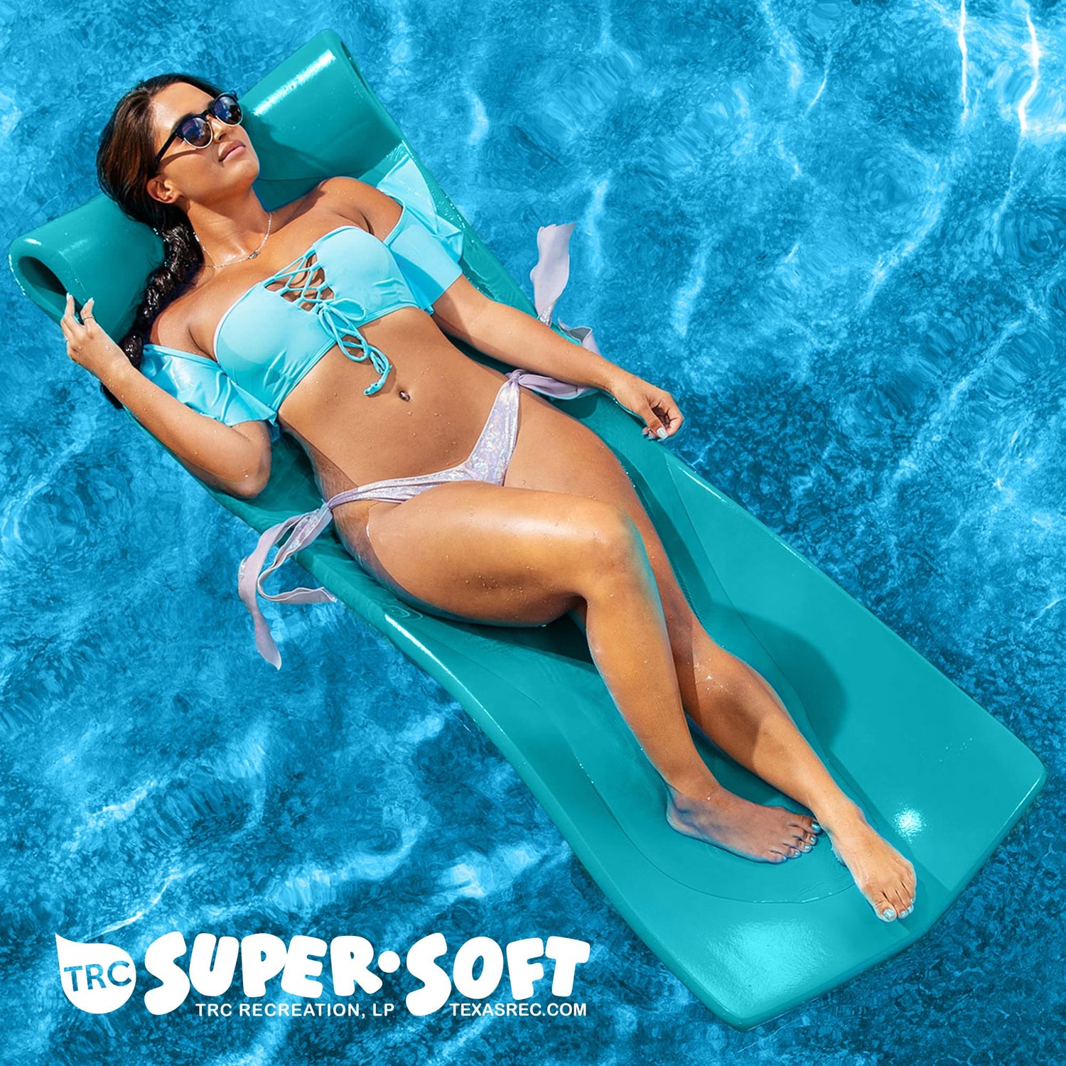 TRC Recreation Splash 1.25 Inch Thick Foam Swimming Pool Float Mat Large Adult Lounger with Built-in Roll Pillow, Tropical Teal