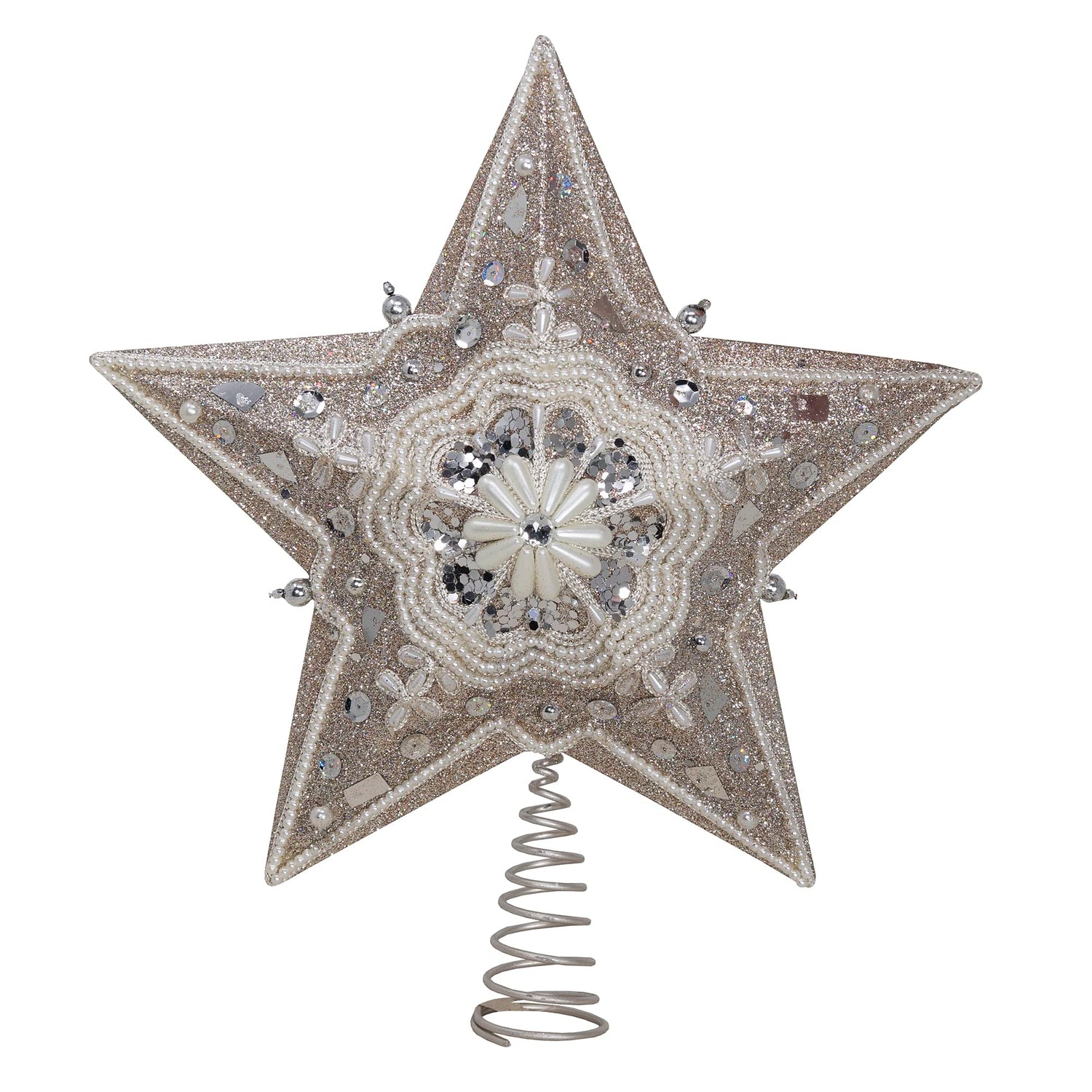 Kurt Adler 13.5-inch Star Treetop with Ivory Pearls and Platinum Glass Glitter