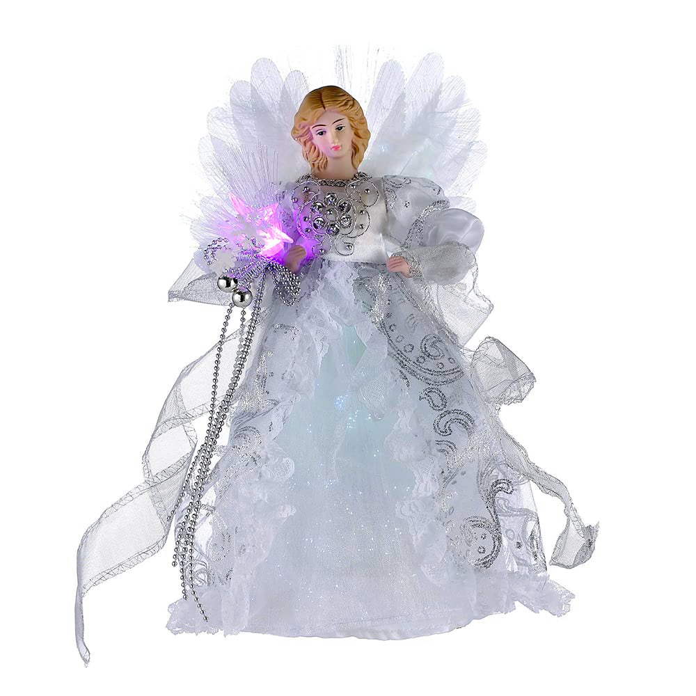 Kurt Adler CUL Fiber Optic LED Angel Christmas Treetop Figurine, 12-Inch, White and Silver