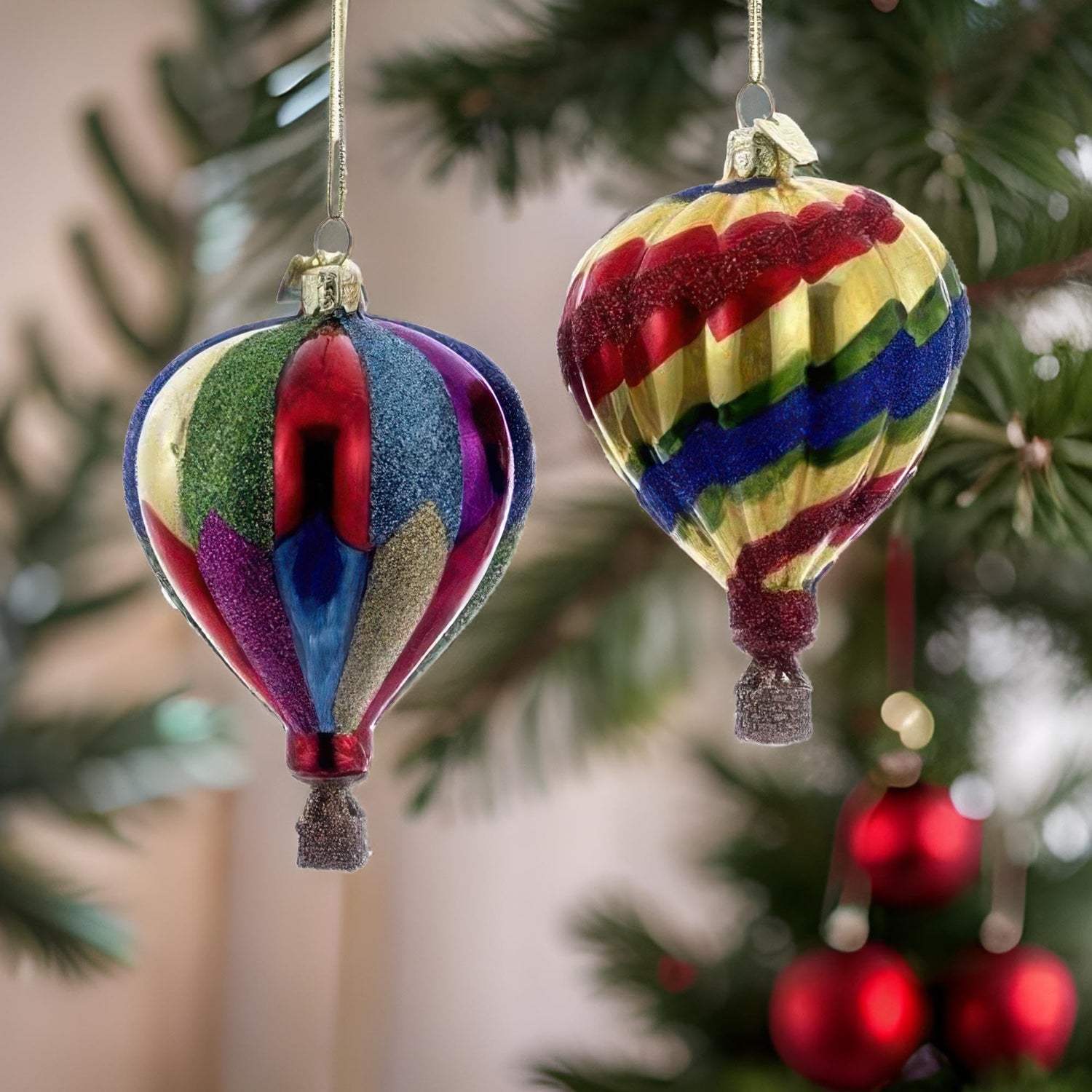 Kurt Adler Noble Gems Hot Air Balloon Christmas Ornaments 2 Assorted