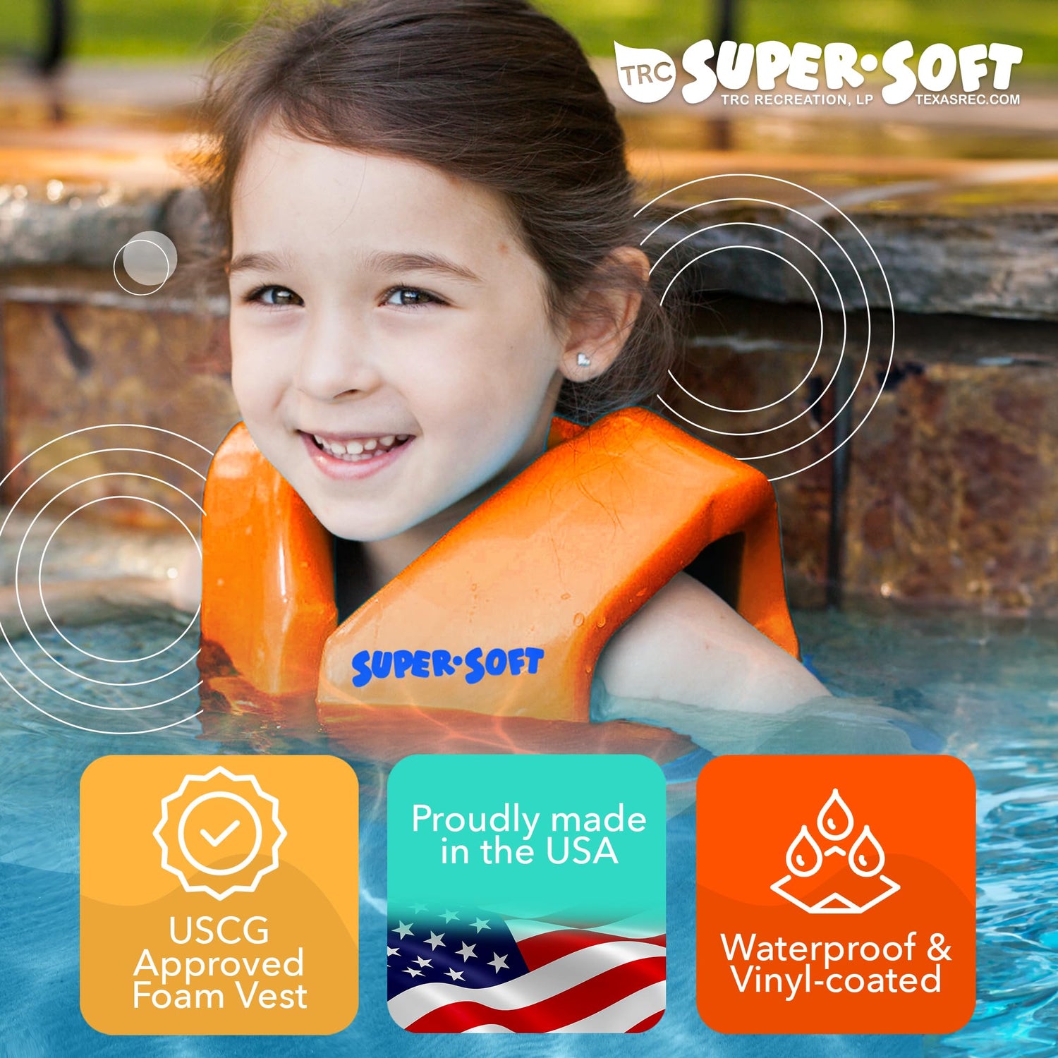 TRC Recreation Super Soft Child Size XS Life Jacket USCG Approved Vinyl Coated Foam Swim Vest for Kids Swimming Pool and Beach Gear, Sunset Orange