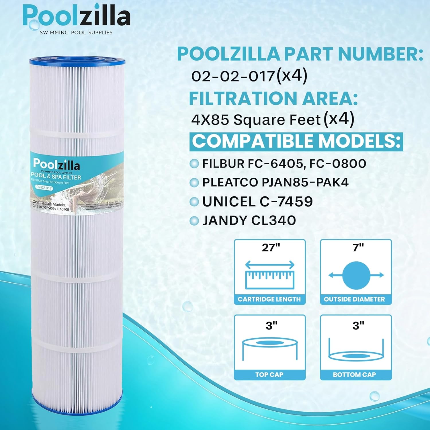 Poolzilla Replacement Pool Filter Cartridge, Compatible with Unicel C-7459, Jandy CL 340, PJAN85, Filbur FC-6405, FC-0800, A0557900, R0554500, Aladdin 18504, APCC7352