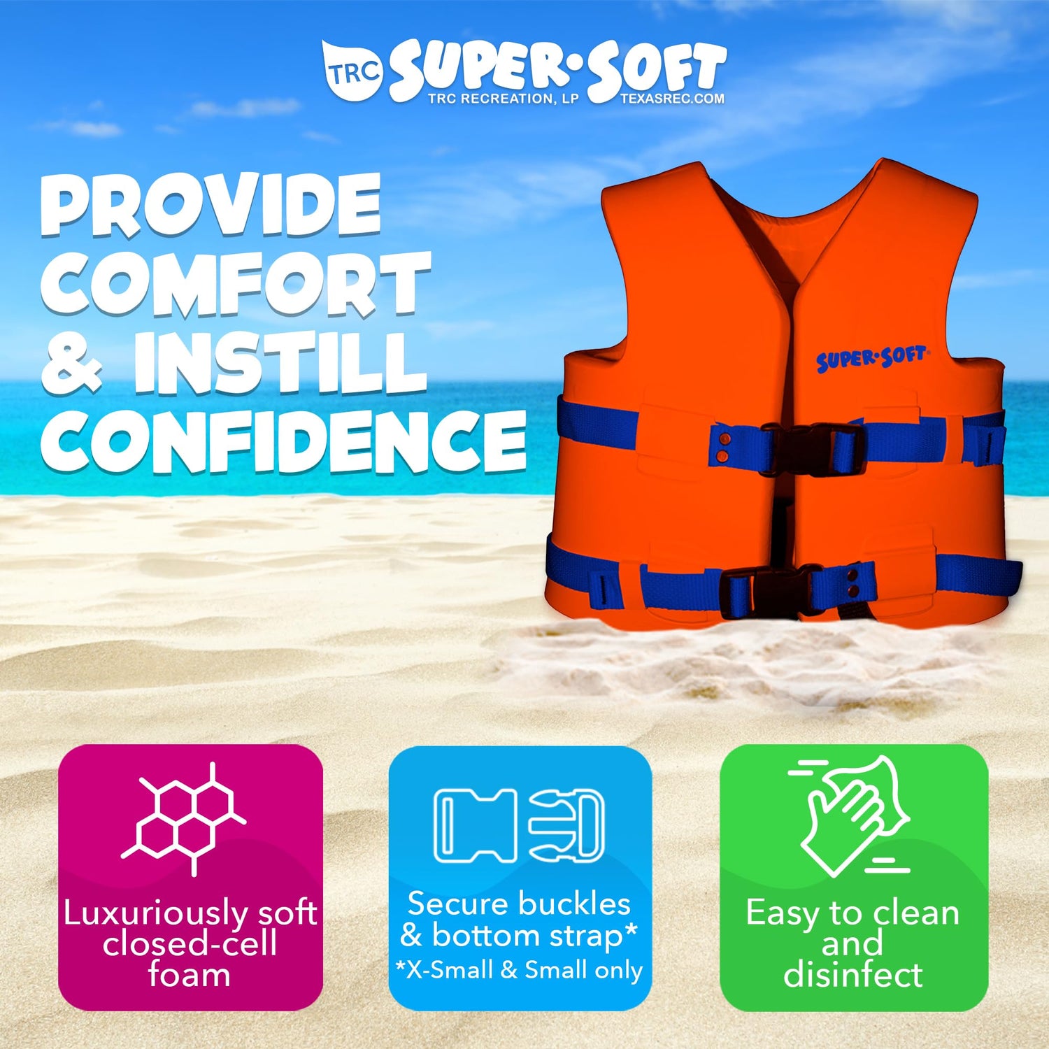 TRC Recreation Super Soft Child Size XS Life Jacket USCG Approved Vinyl Coated Foam Swim Vest for Kids Swimming Pool and Beach Gear, Sunset Orange