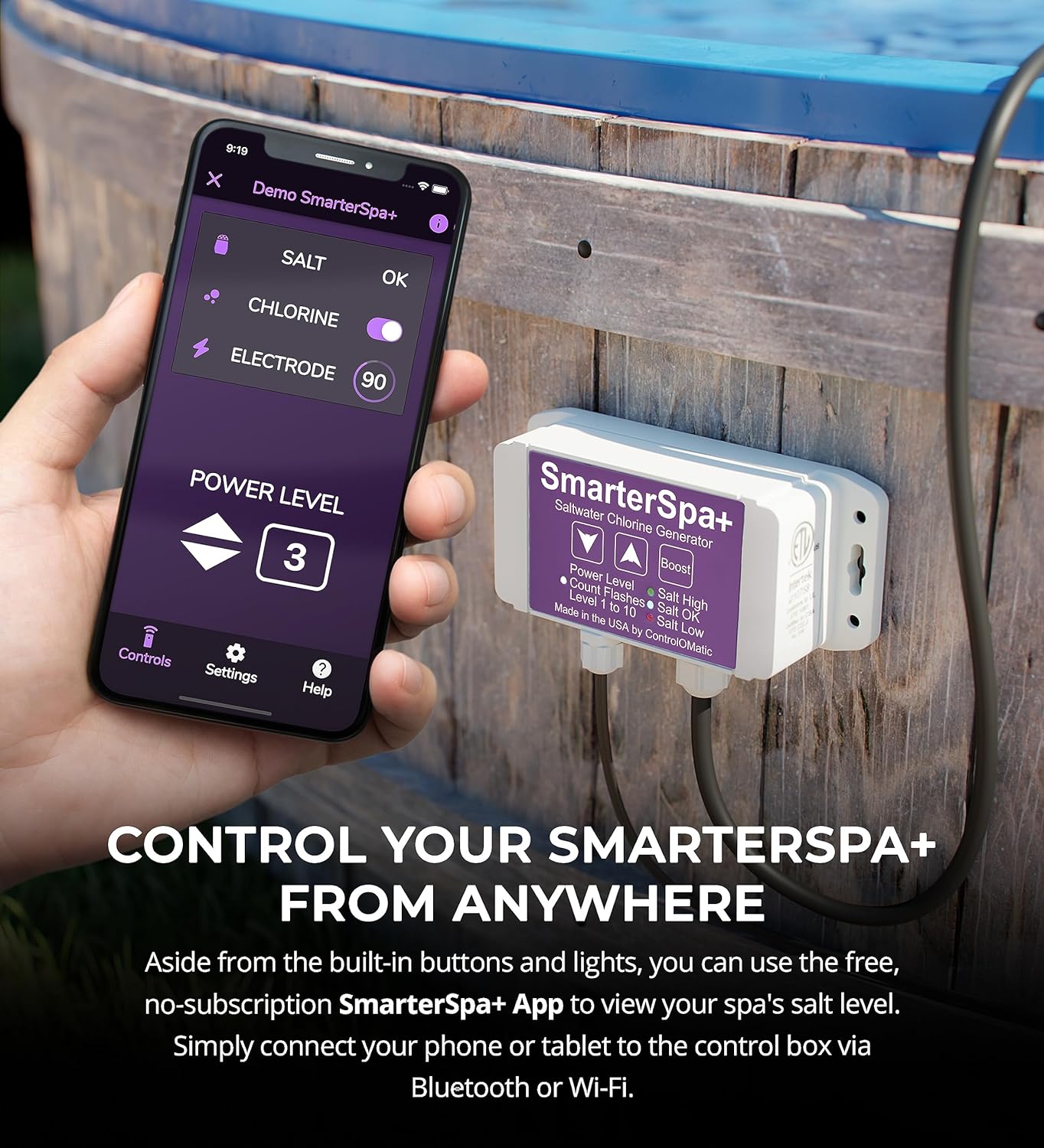 ControlOMatic SmarterSpa+ Saltwater Chlorine Generator with Automatic Chlorine Detection and Mobile App for Spas Up to 2000 Gallons