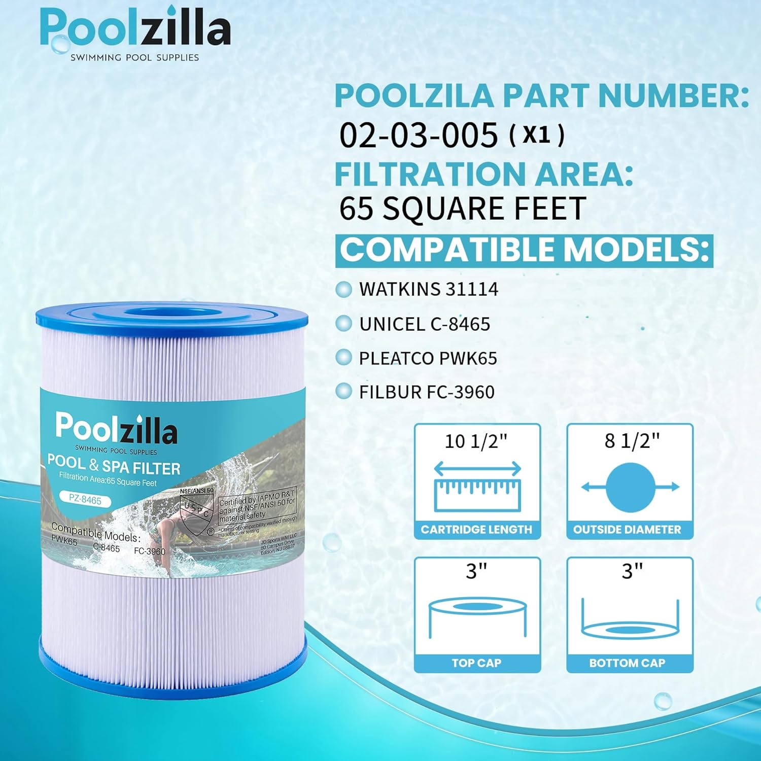 Poolzilla Replacement Spa Filter for Watkins 31114, Unicel C-8465, Pleatco PWK65, Filbur FC-3960, 71827, 71828, Tiger River Caspian
