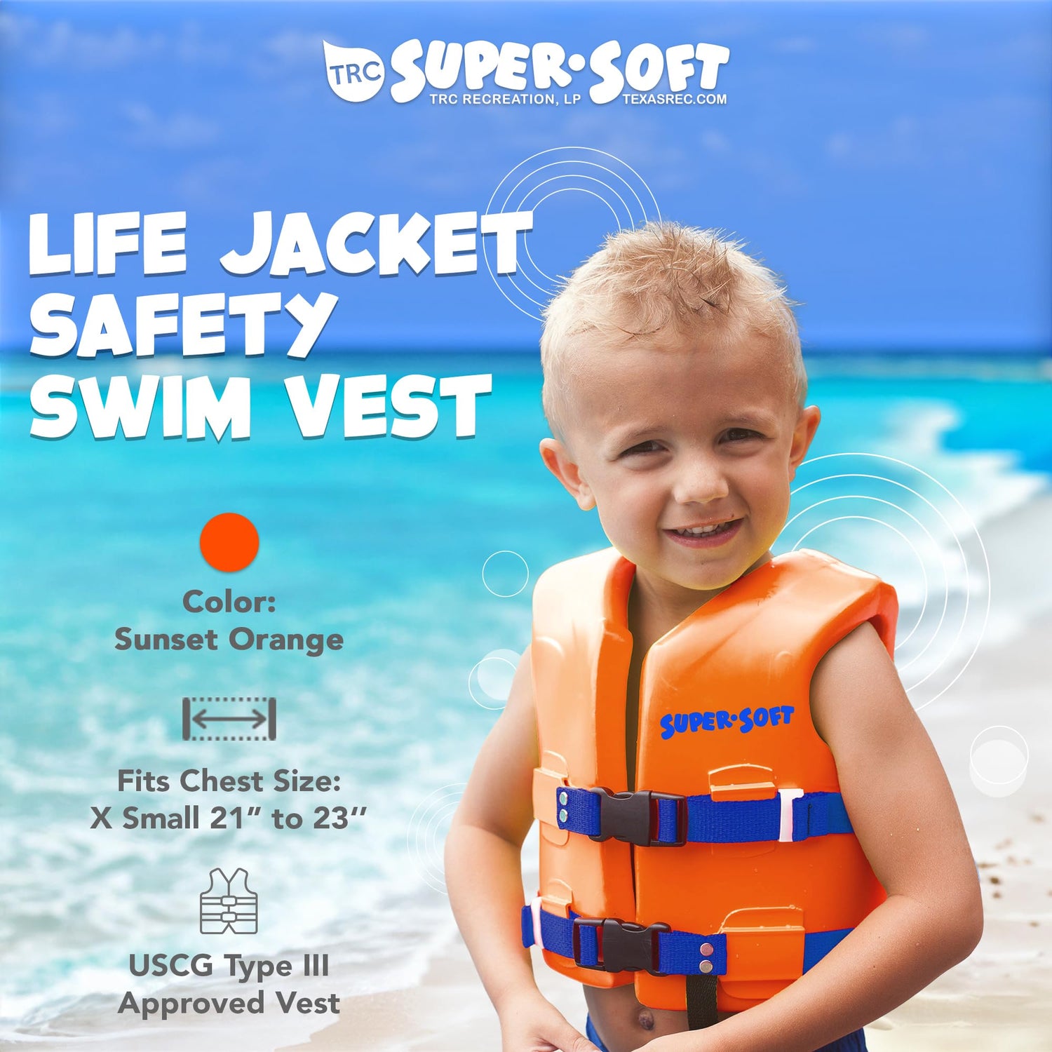 TRC Recreation Super Soft Child Size XS Life Jacket USCG Approved Vinyl Coated Foam Swim Vest for Kids Swimming Pool and Beach Gear, Sunset Orange