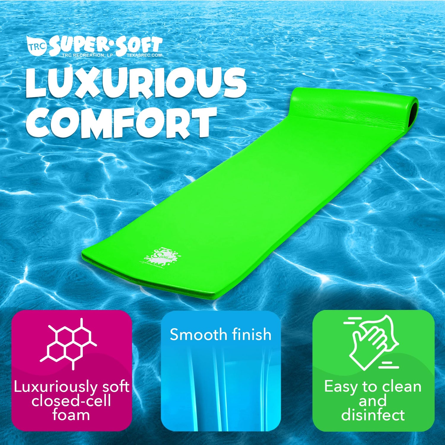 TRC Recreation Splash 1.25 Inch Thick Foam Swimming Pool Float Mat Large Adult Lounger with Built-in Roll Pillow, Fierce Green