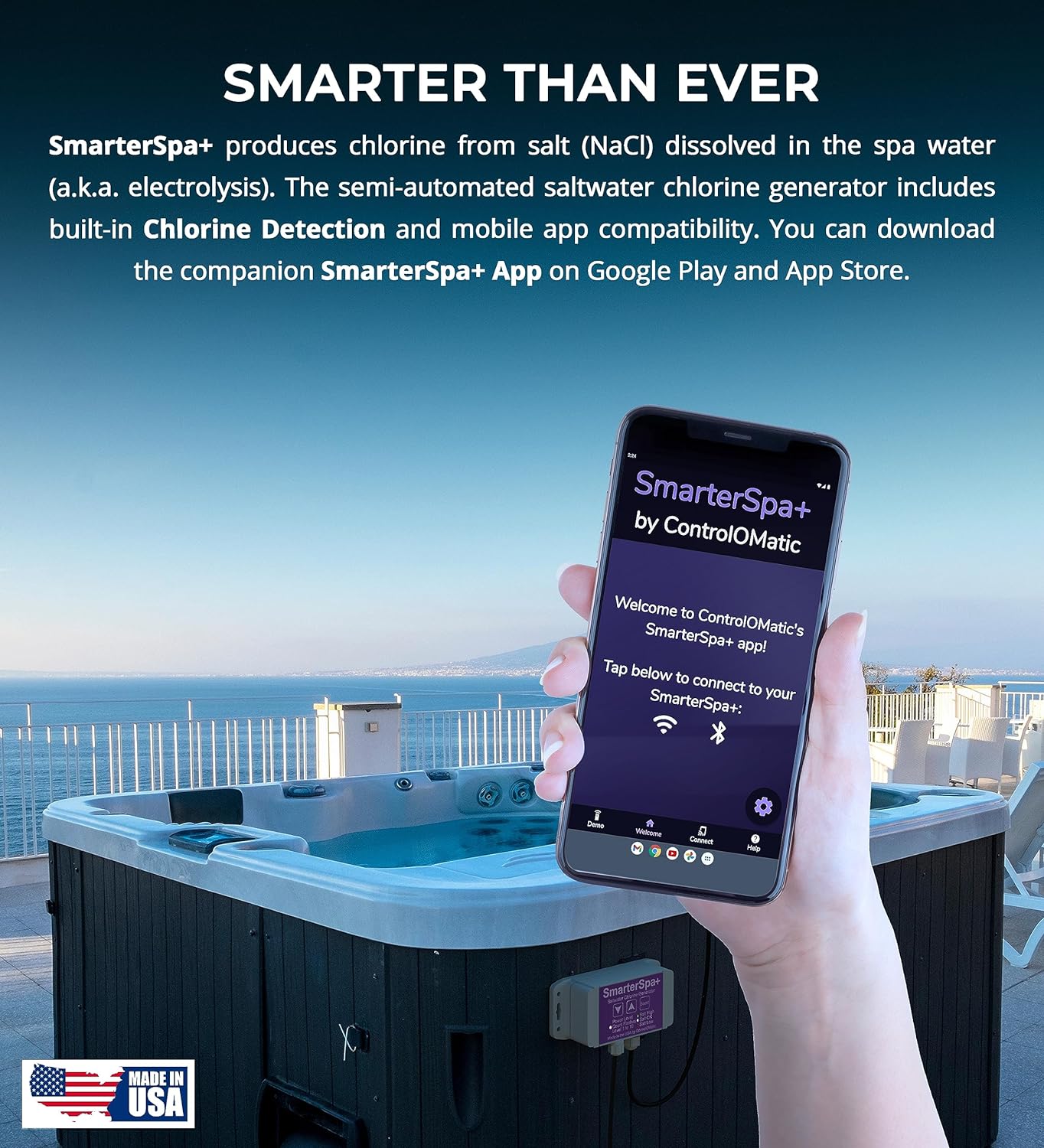 ControlOMatic SmarterSpa+ Saltwater Chlorine Generator with Automatic Chlorine Detection and Mobile App for Spas Up to 2000 Gallons