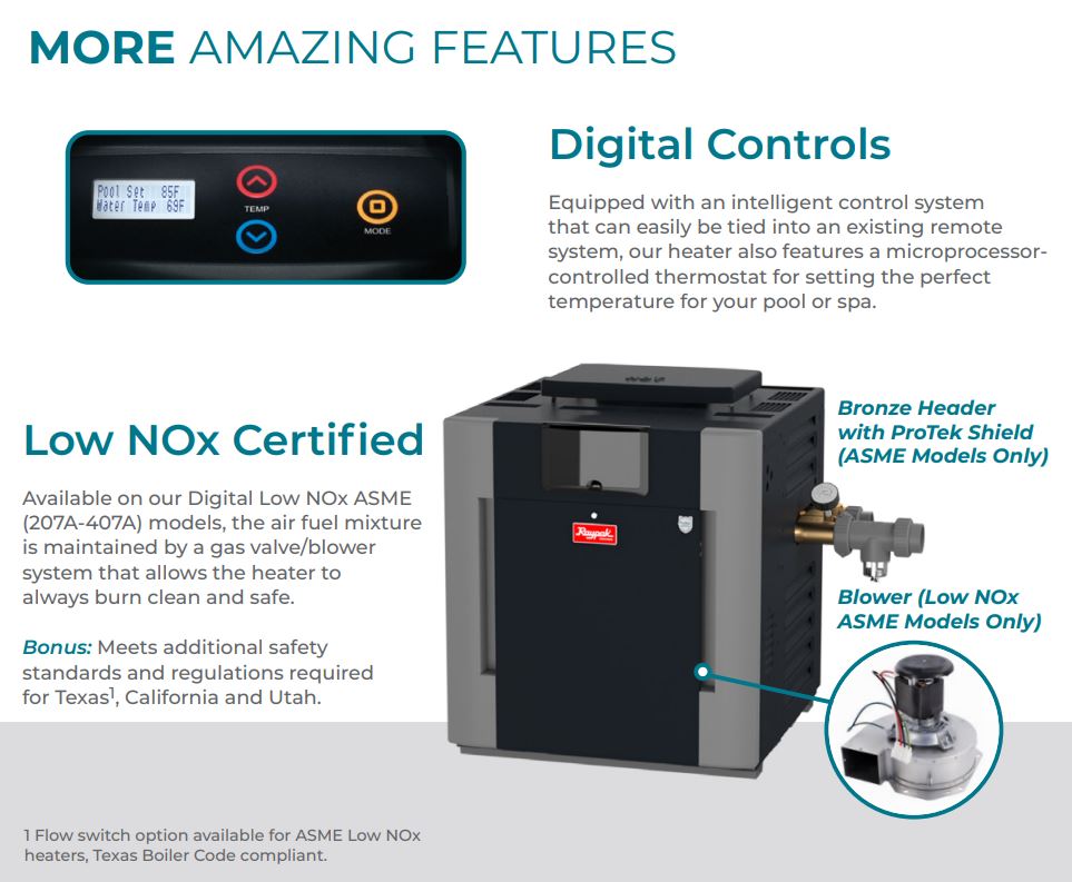 Raypak P-R206A-EN-C #50 Digital Natural Gas Heater | 199.5K BTU | Electronic Ignition, Polymer Headers, Copper Exchanger, 200 lbs | 009216