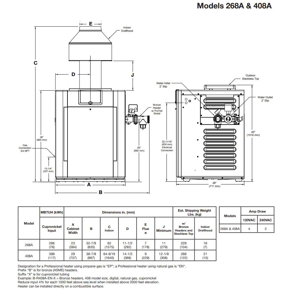 Raypak B-R408-EN-X #50, Professional Series, Digital Cupro-Nickel, ASME, Pool & Spa Heater, 120/240V | 399,000 BTU